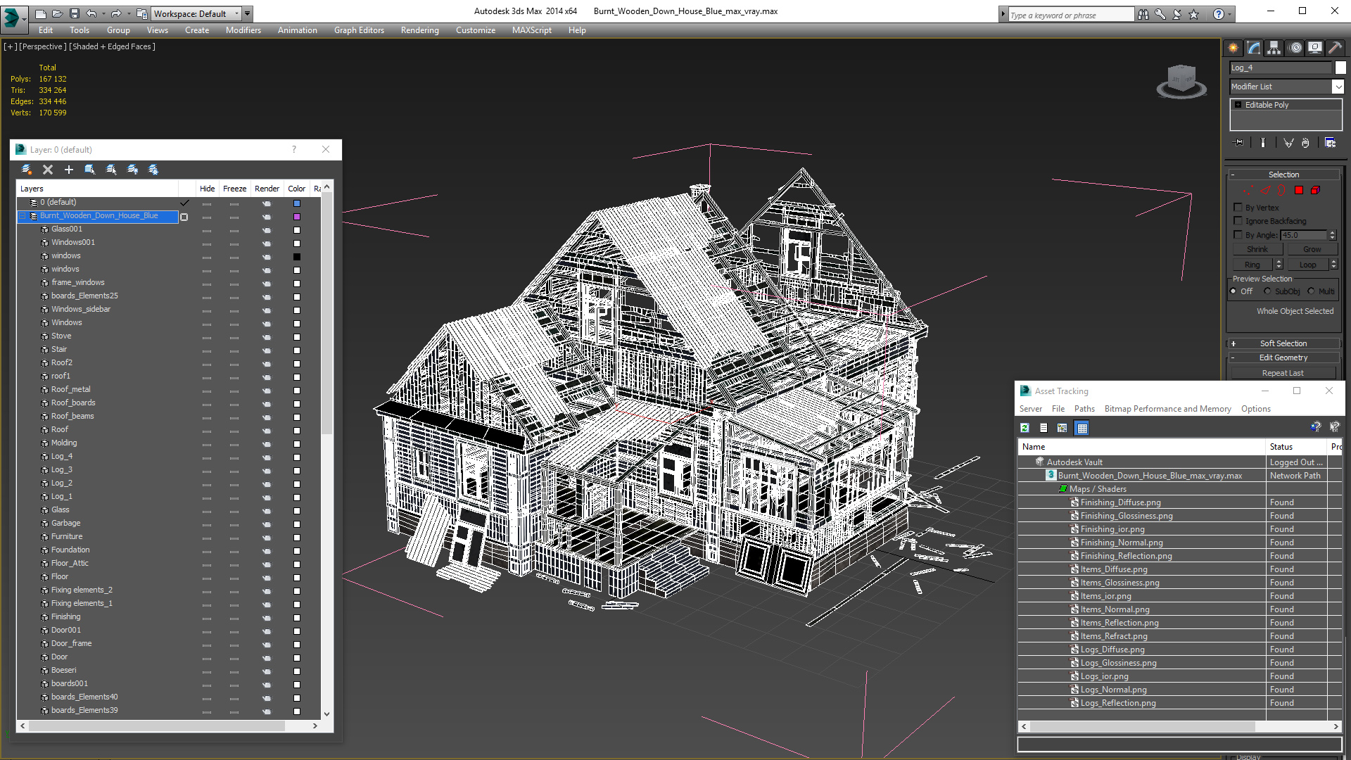 3D Burnt Wooden Down House Blue model