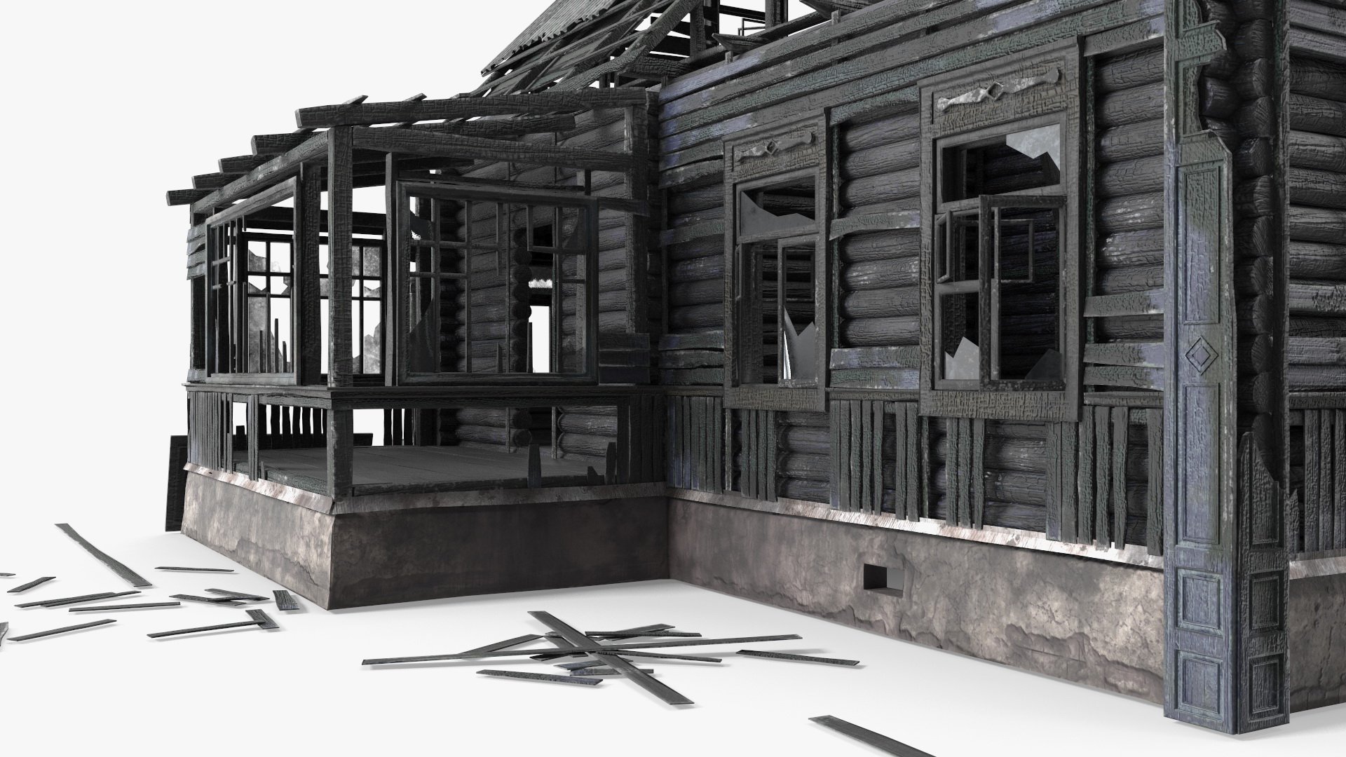 3D Burnt Wooden Down House Blue model