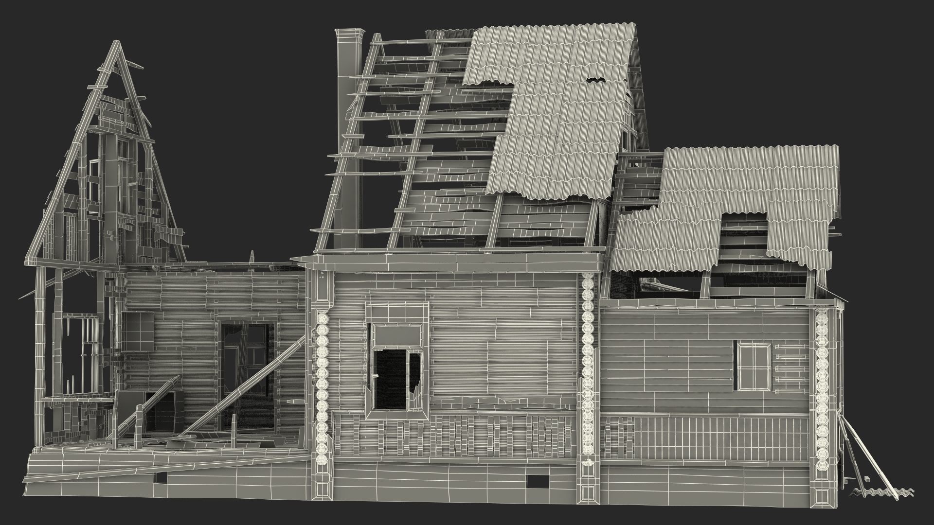 3D Burnt Wooden Down House Blue model