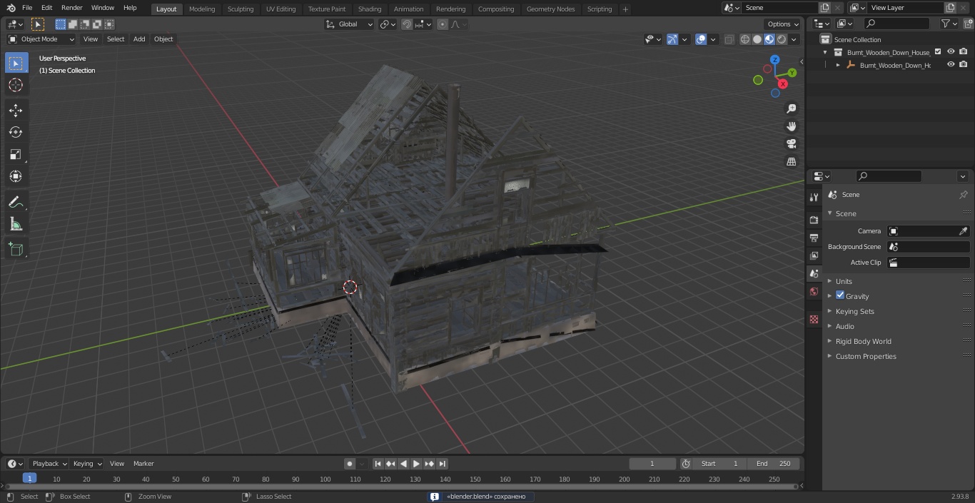 3D Burnt Wooden Down House Blue model