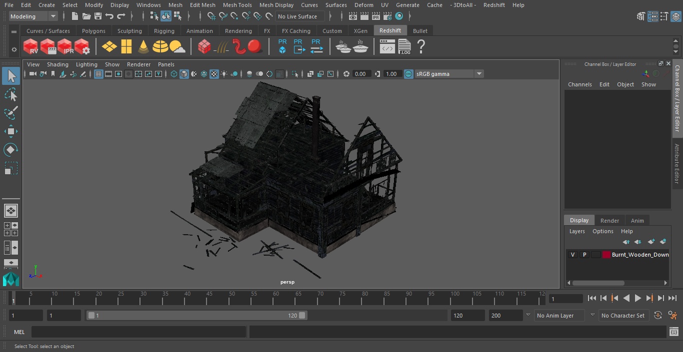 3D Burnt Wooden Down House Blue model