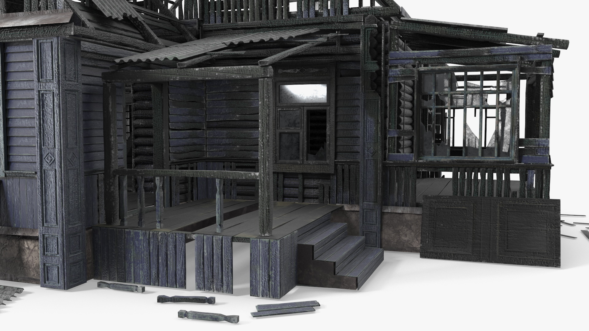 3D Burnt Wooden Down House Blue model