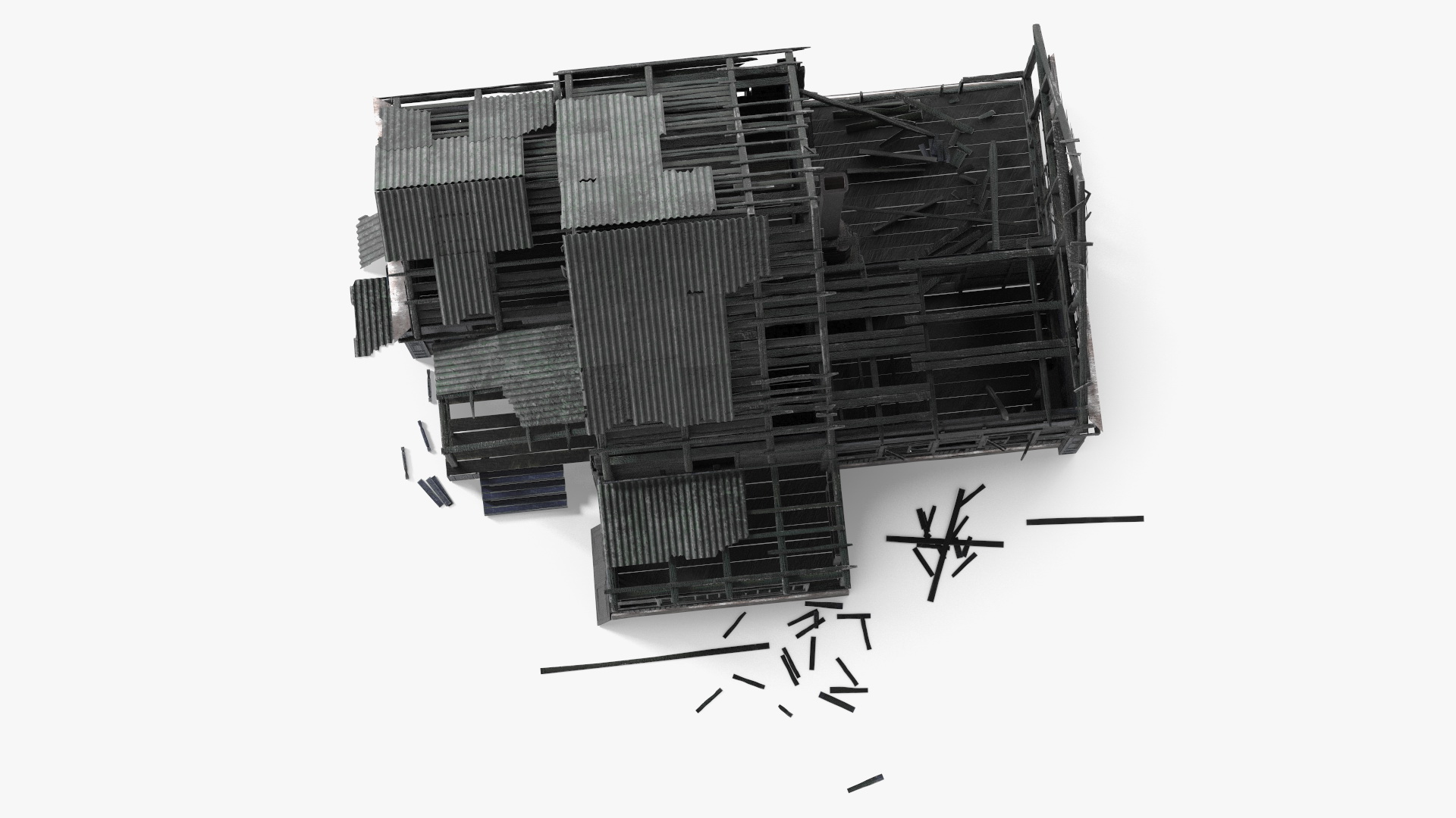 3D Burnt Wooden Down House Blue model