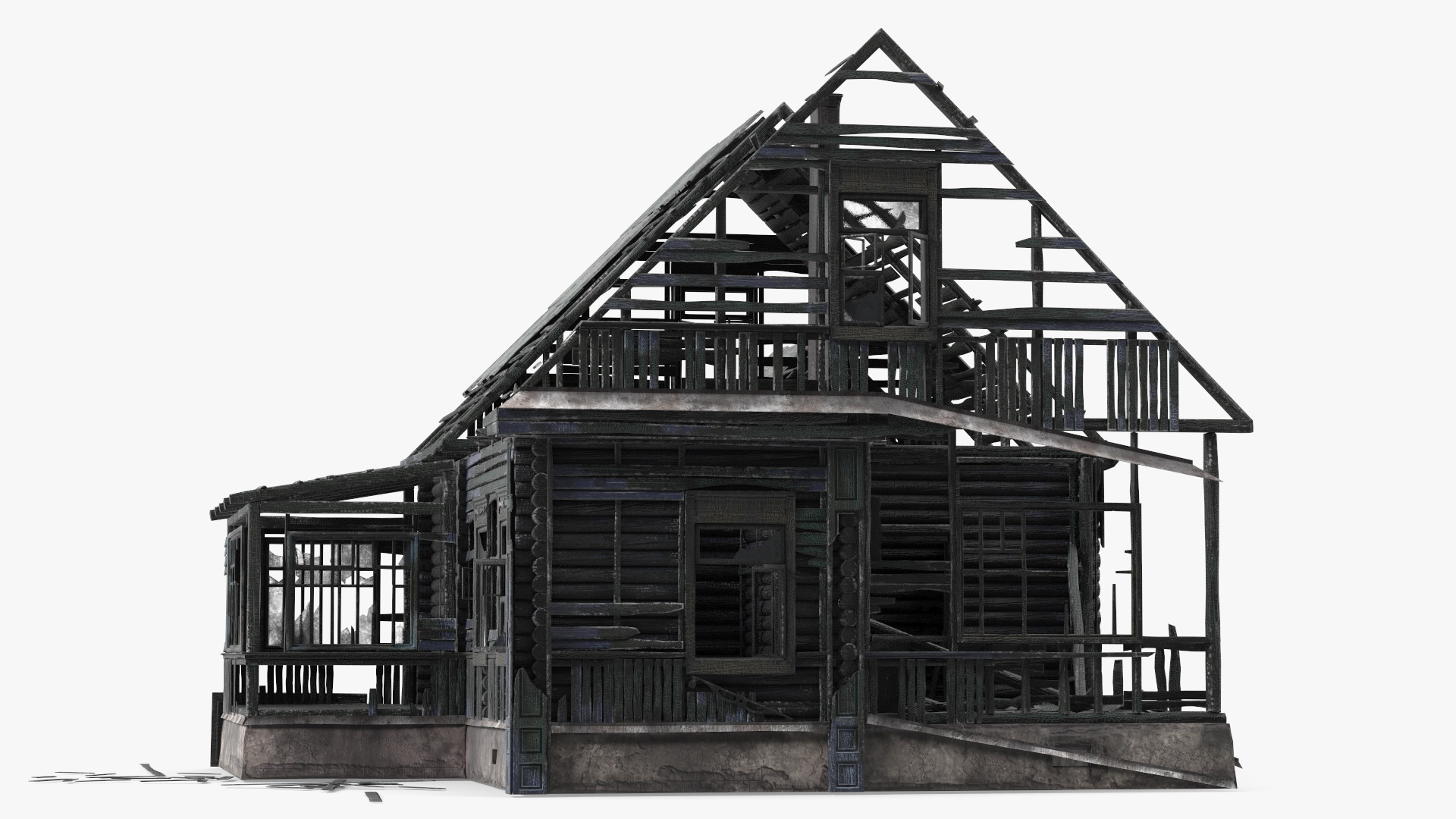 3D Burnt Wooden Down House Blue model