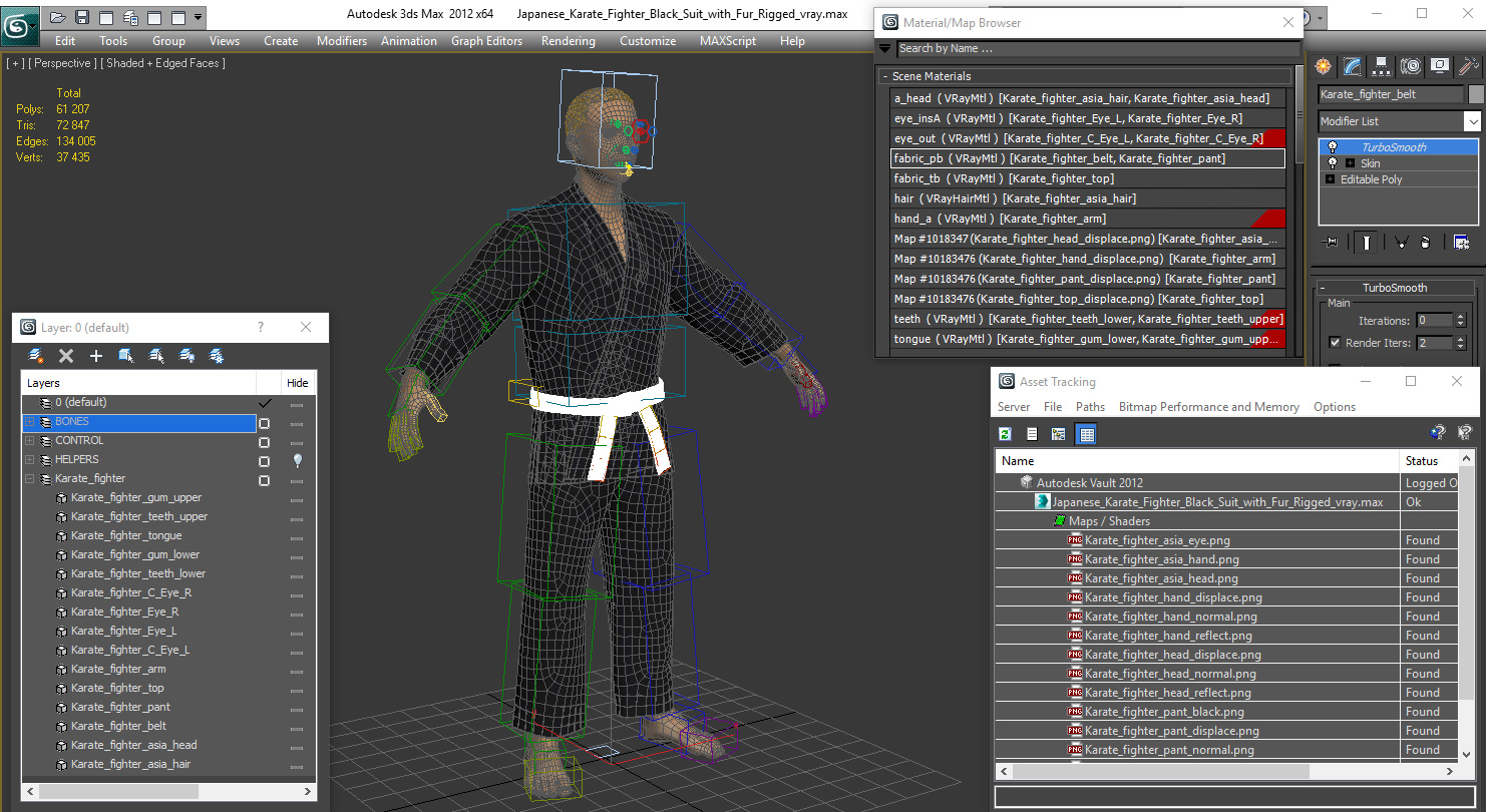3D model Japanese Karate Fighter Black Suit with Fur Rigged