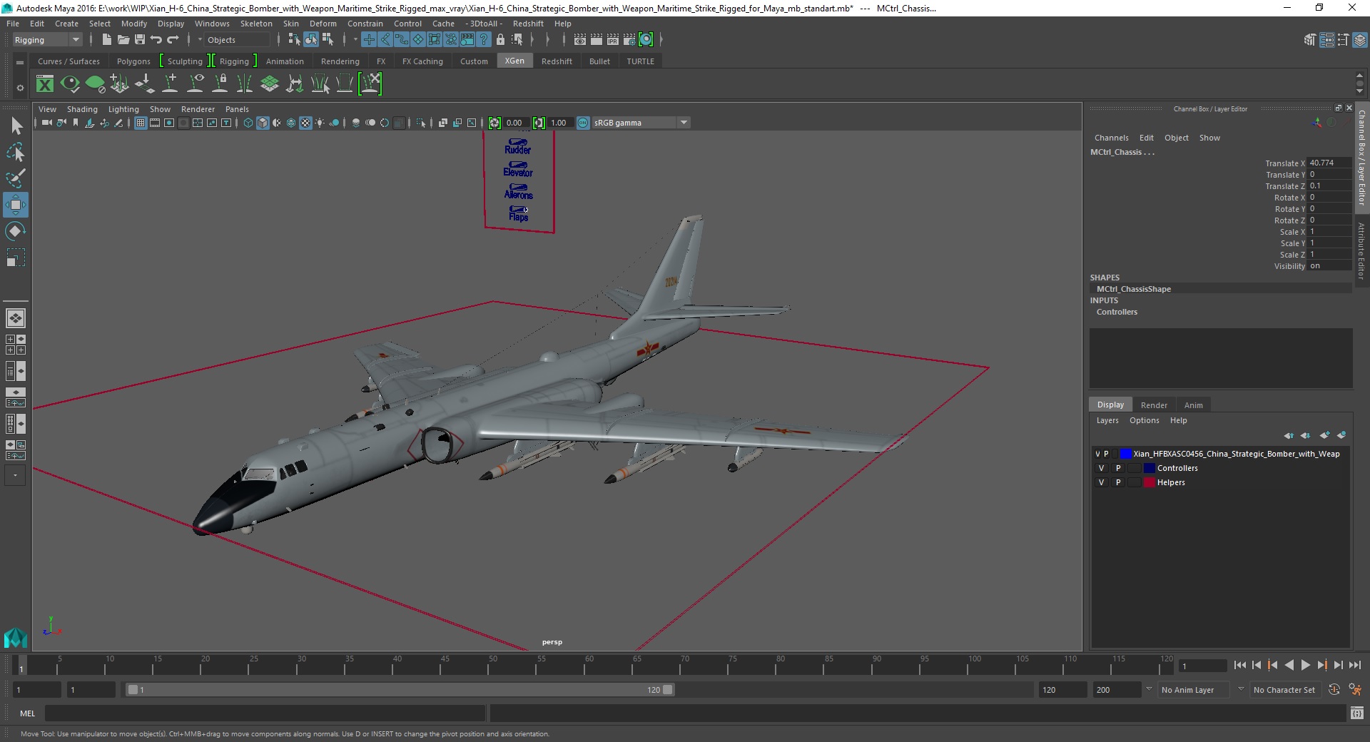 3D model Xian H-6 China Strategic Bomber with Weapon Maritime Strike Rigged for Maya