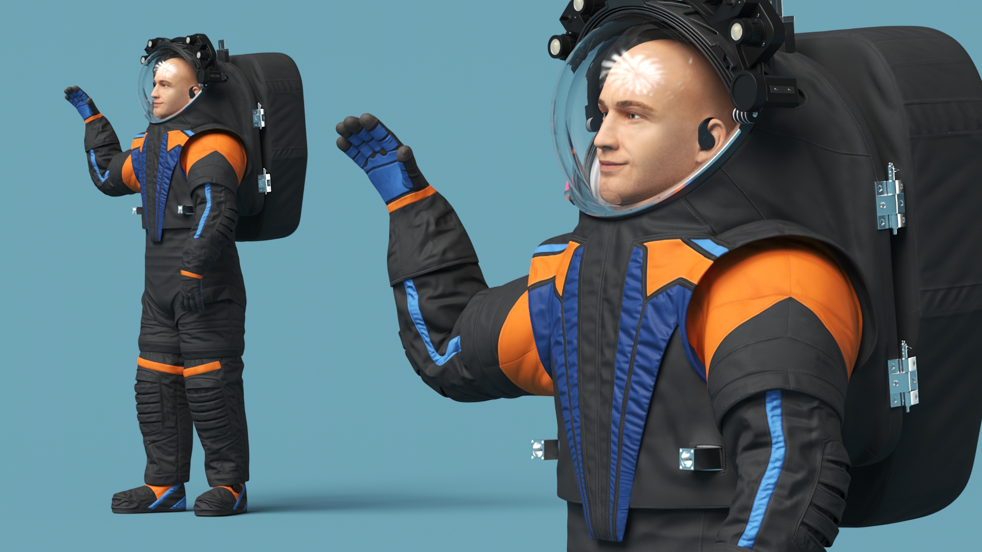 3D Modern Spacesuit on Astronaut Waving Pose