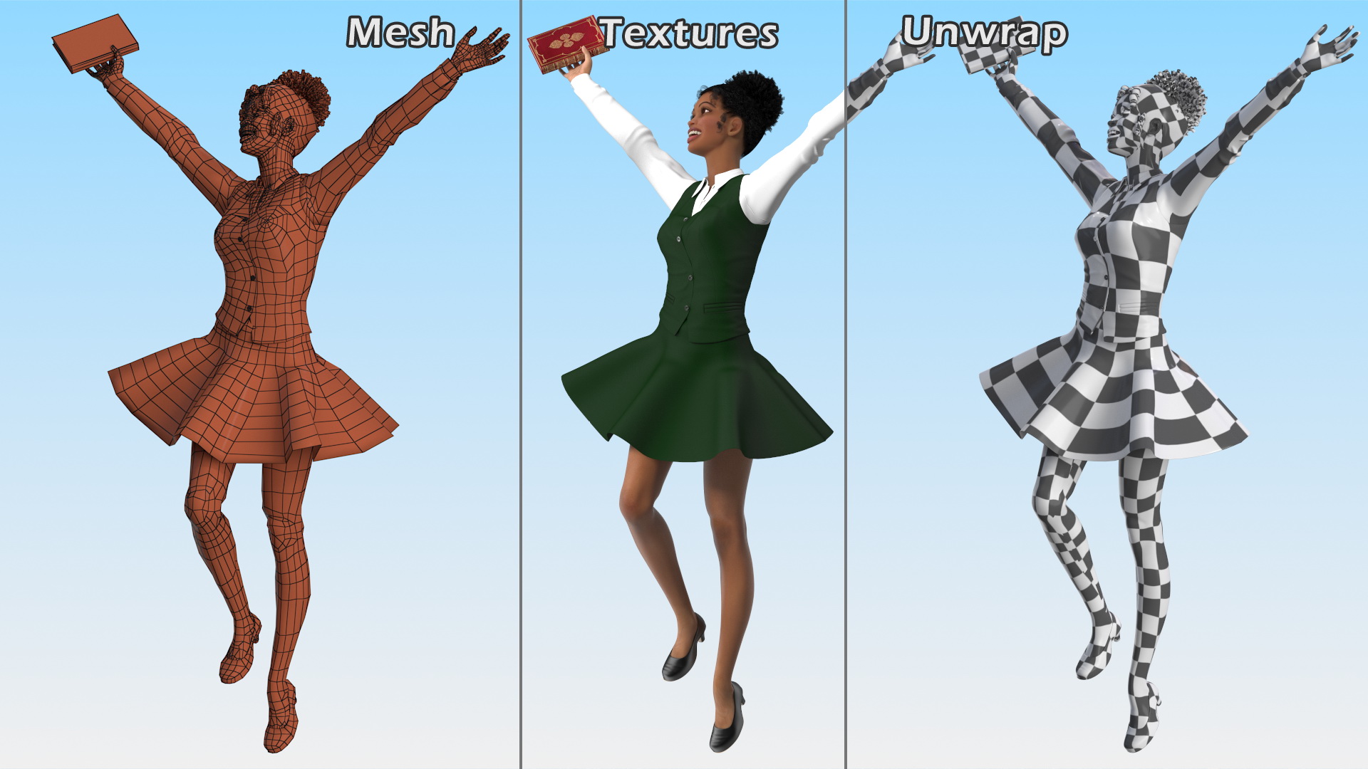 3D model Light Skin Young Black Female Student in School Uniform