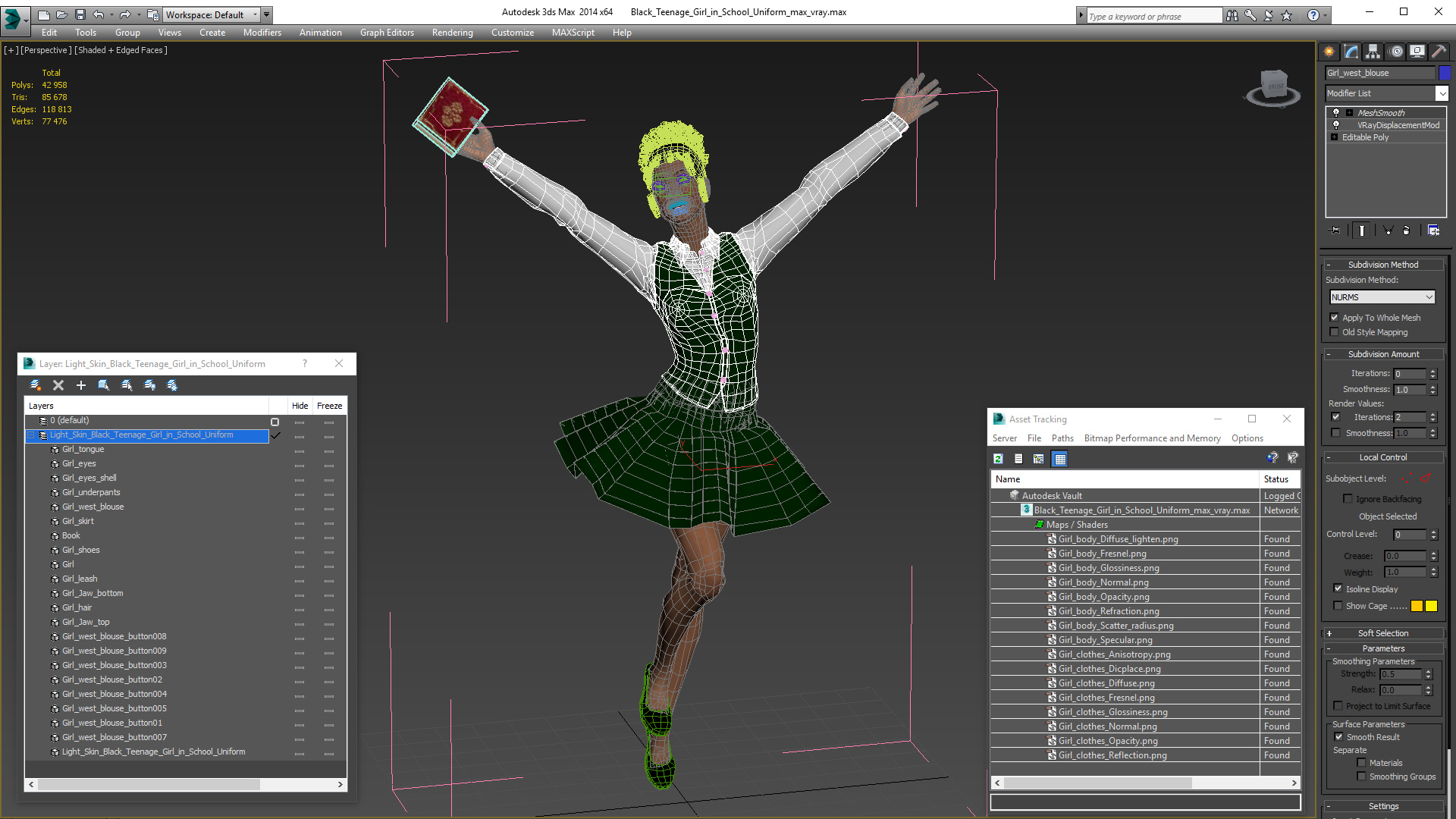 3D model Light Skin Young Black Female Student in School Uniform