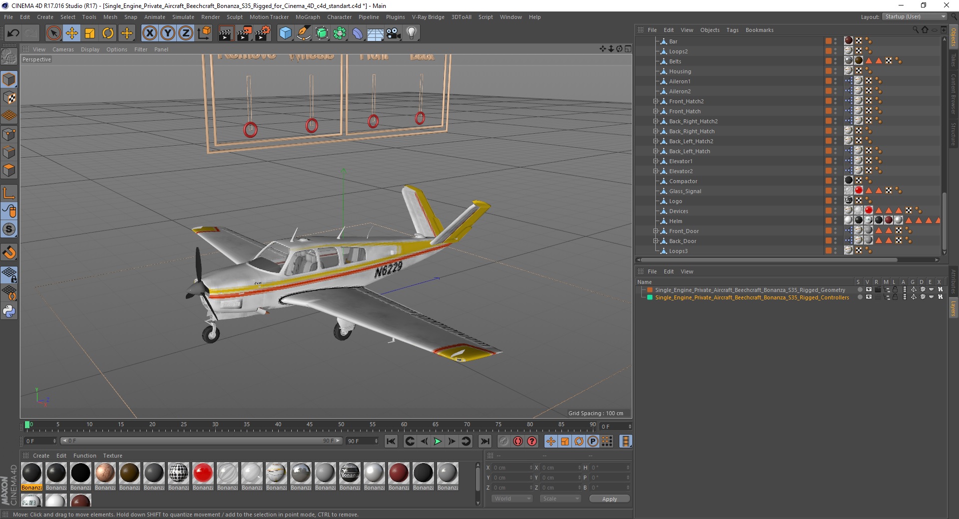 Single Engine Private Aircraft Beechcraft Bonanza S35 Rigged for Cinema 4D 3D model