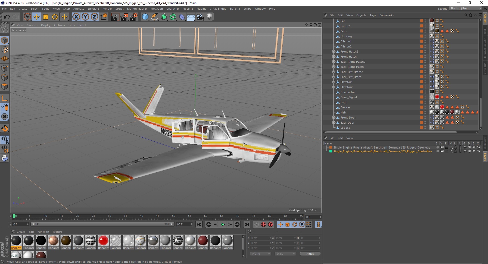 Single Engine Private Aircraft Beechcraft Bonanza S35 Rigged for Cinema 4D 3D model