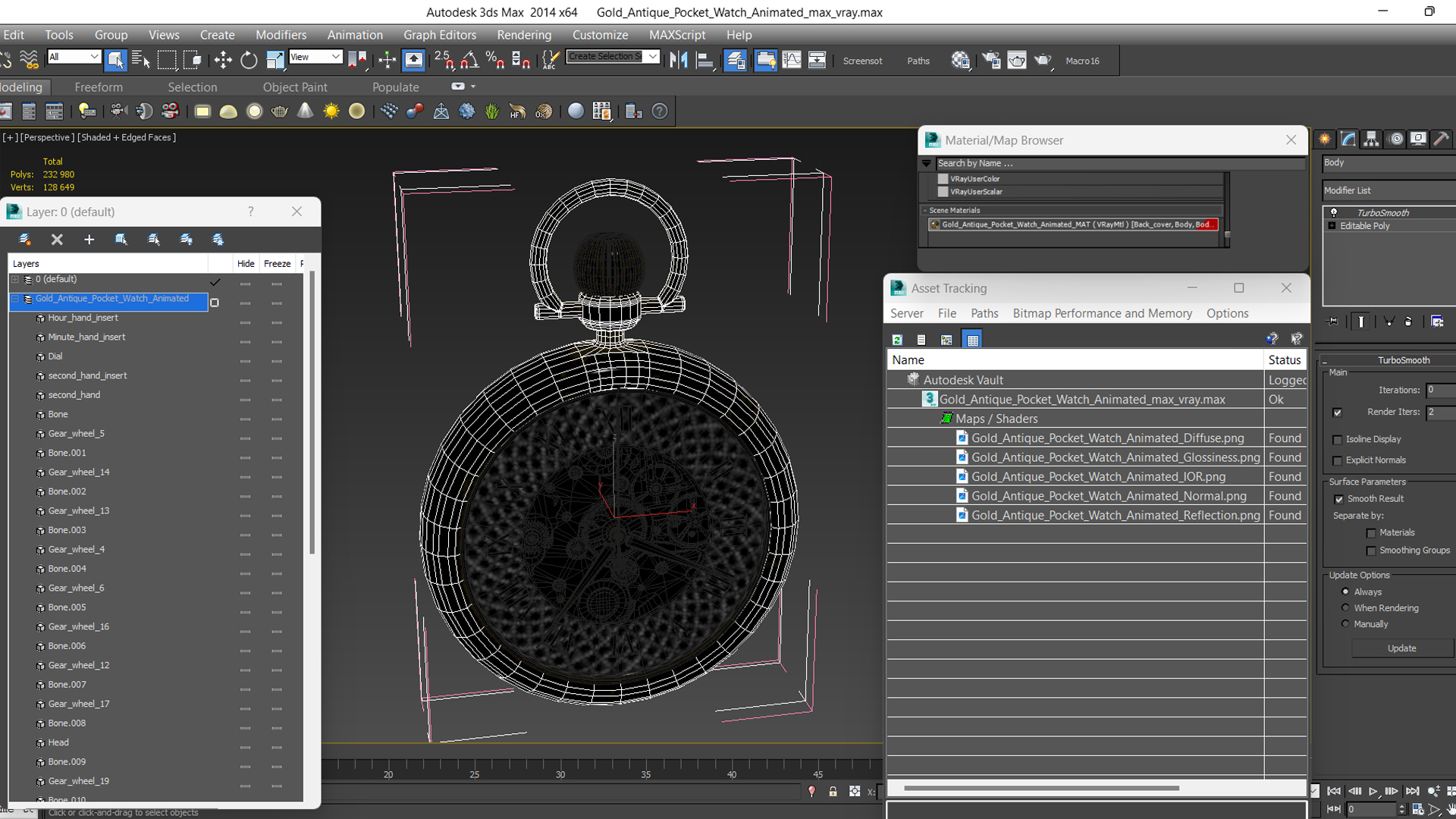 Gold Antique Pocket Watch Animated 3D model