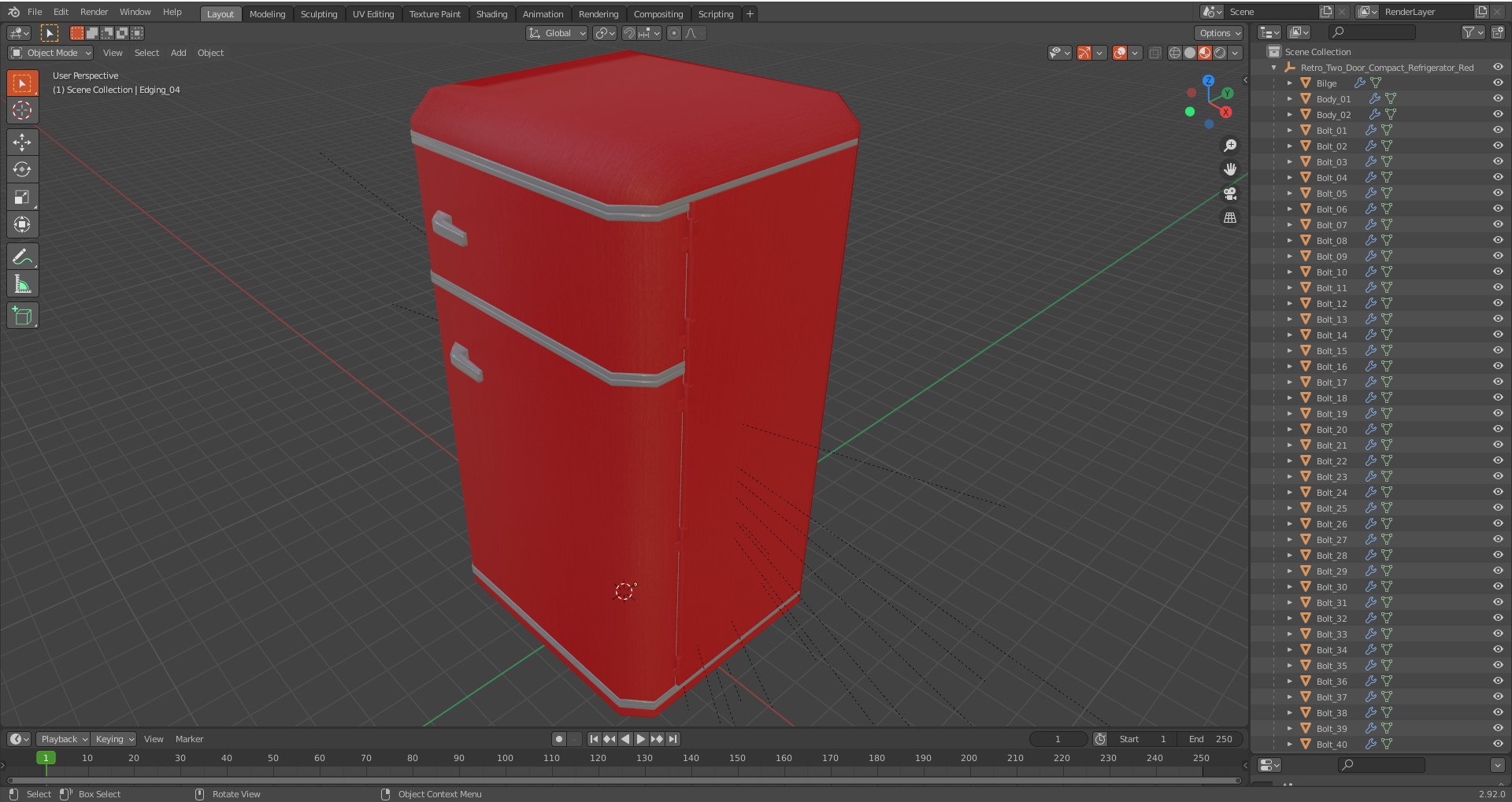 Retro Two Door Compact Refrigerator Red 3D model