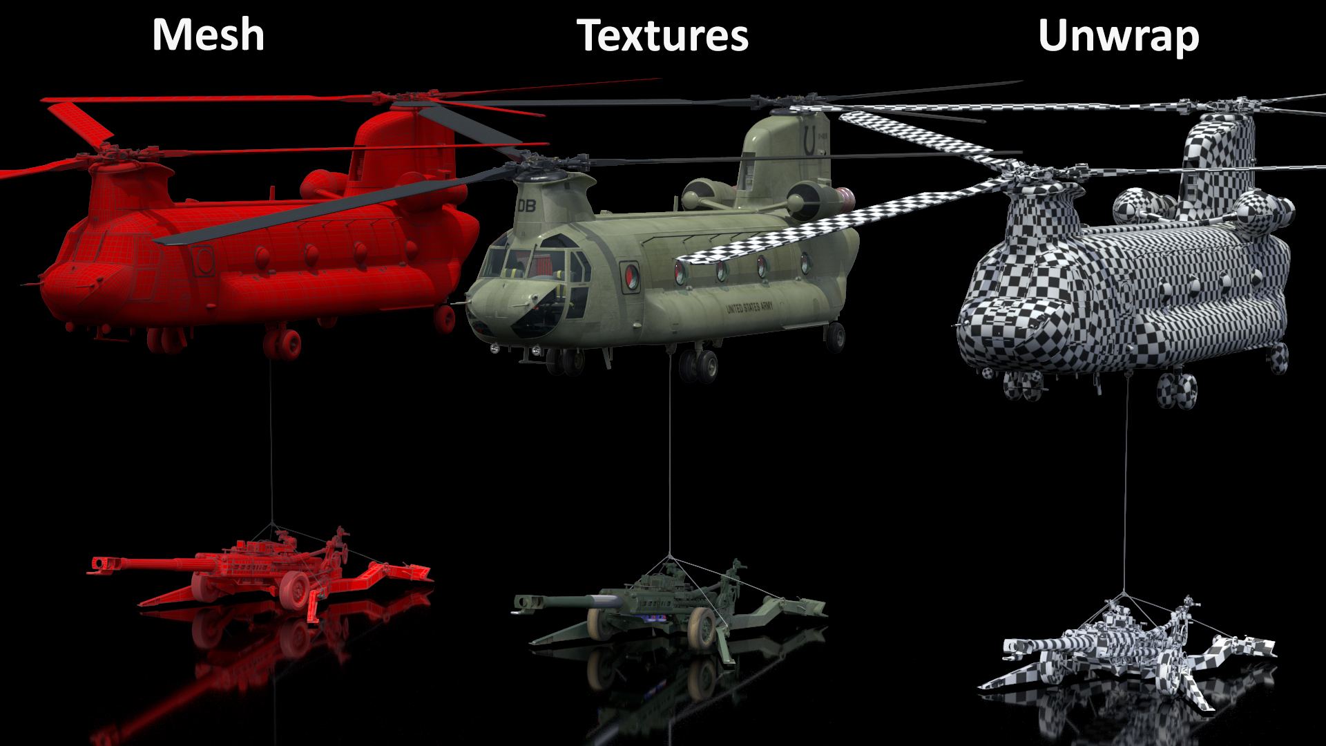 3D US Army Transport Helicopter With Howitzer M777 155mm model