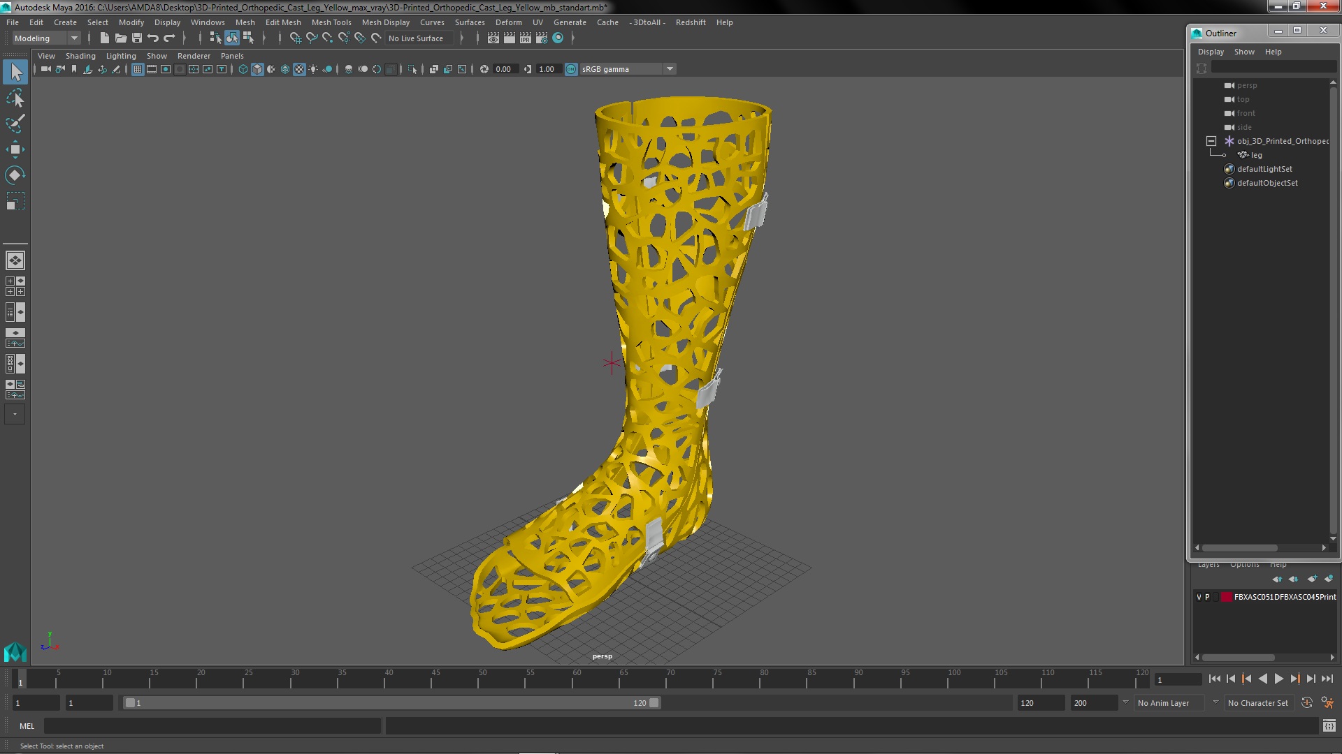 3D-Printed Orthopedic Cast Leg Yellow 3D