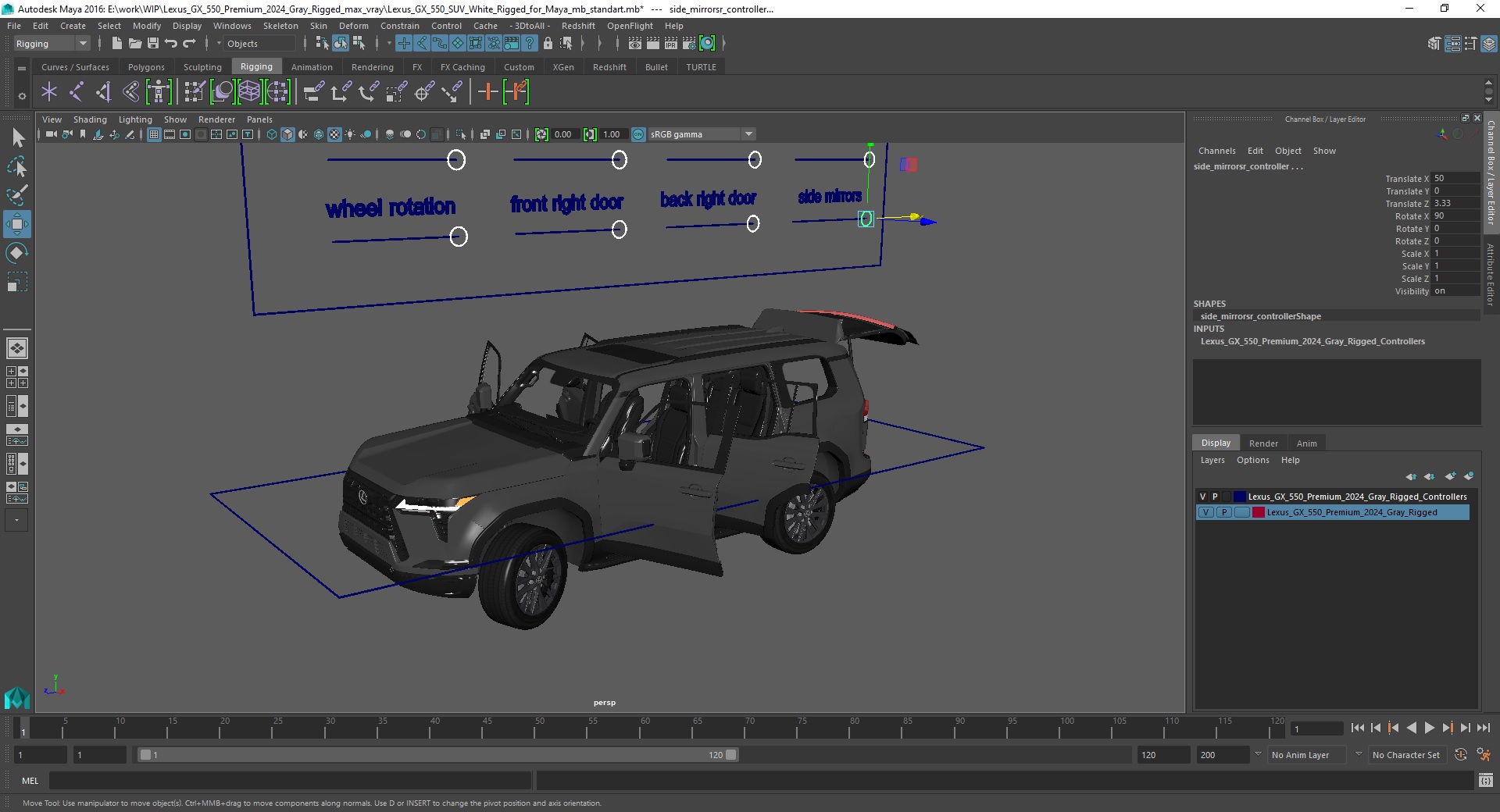 3D Lexus GX 550 Premium 2024 Gray Rigged for Maya