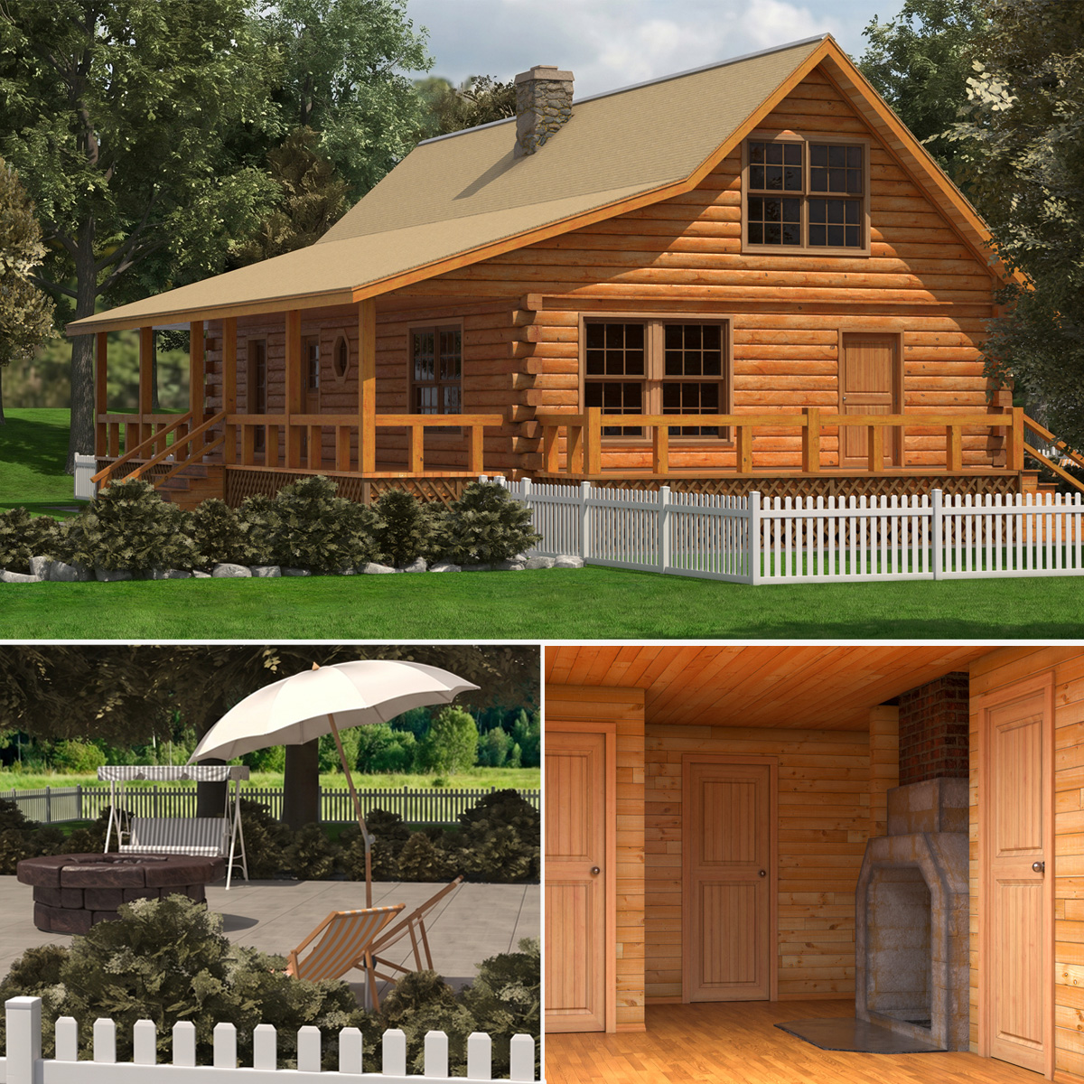 Wooden Log Home with Landscaped Yard Exterior Fur 3D model preview