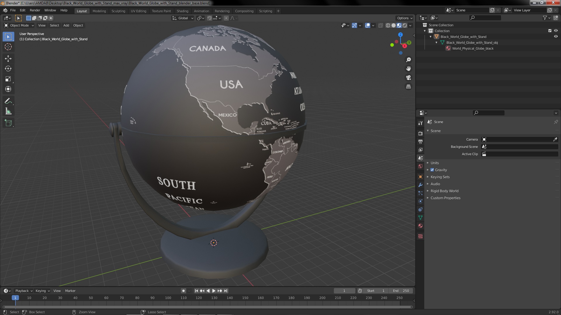3D Black World Globe with Stand model