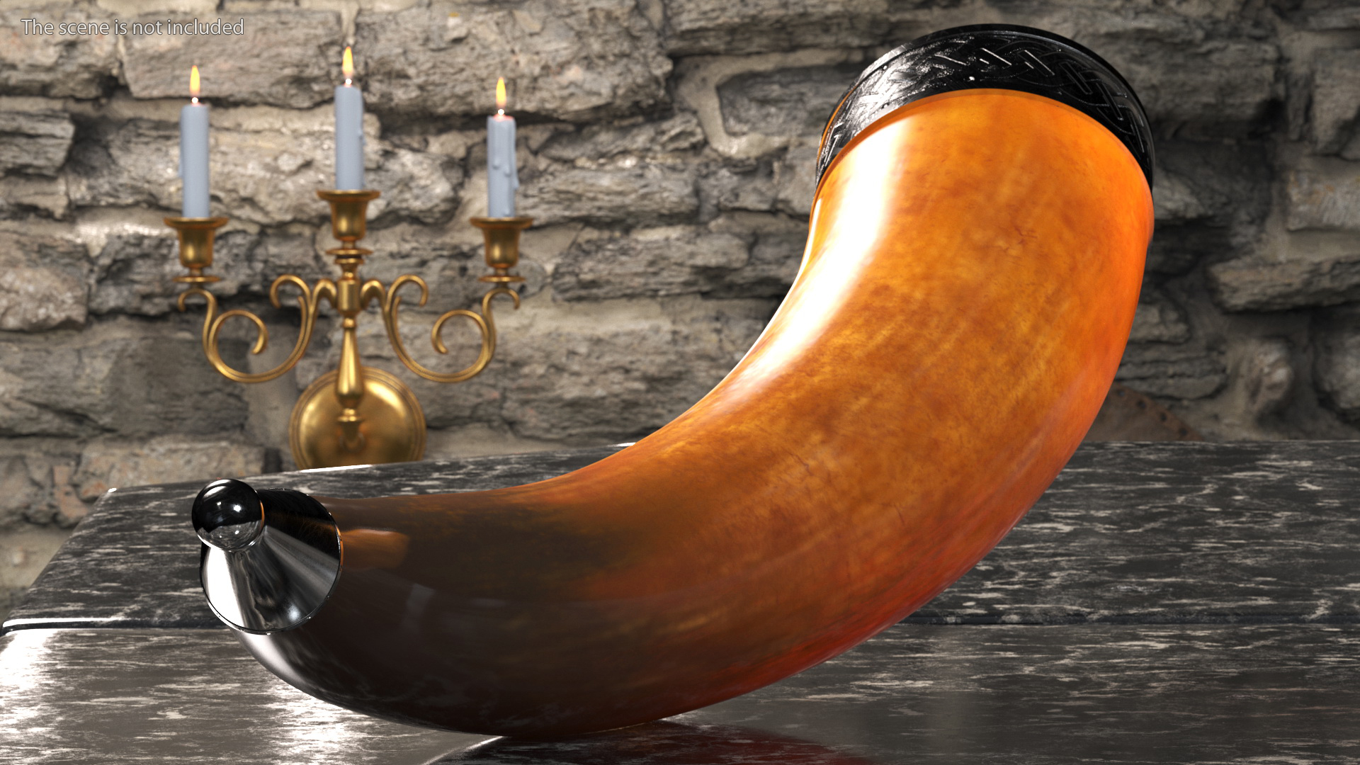 Old Dark Drinking Horn with Silver Trim 3D model