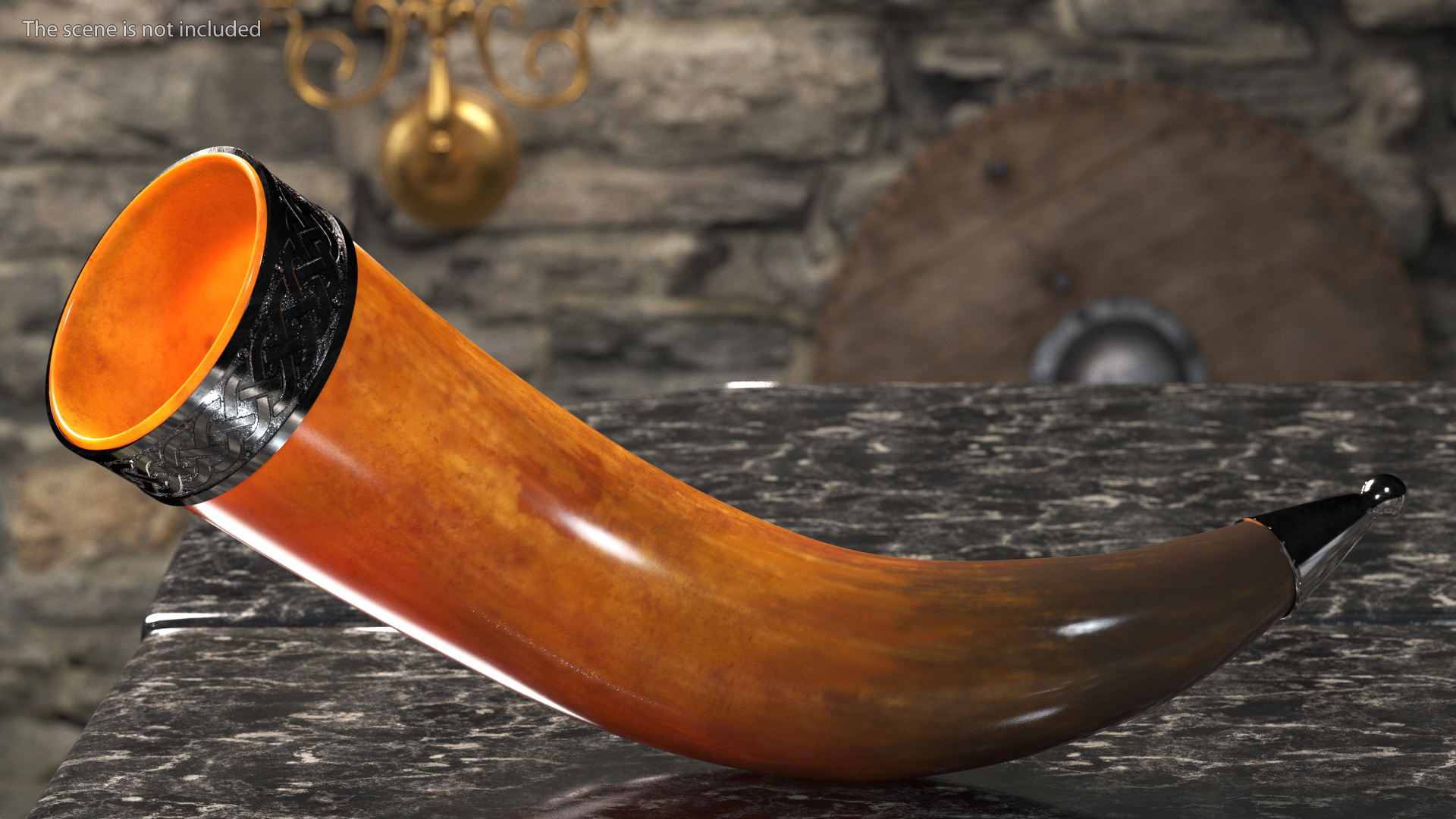 Old Dark Drinking Horn with Silver Trim 3D model