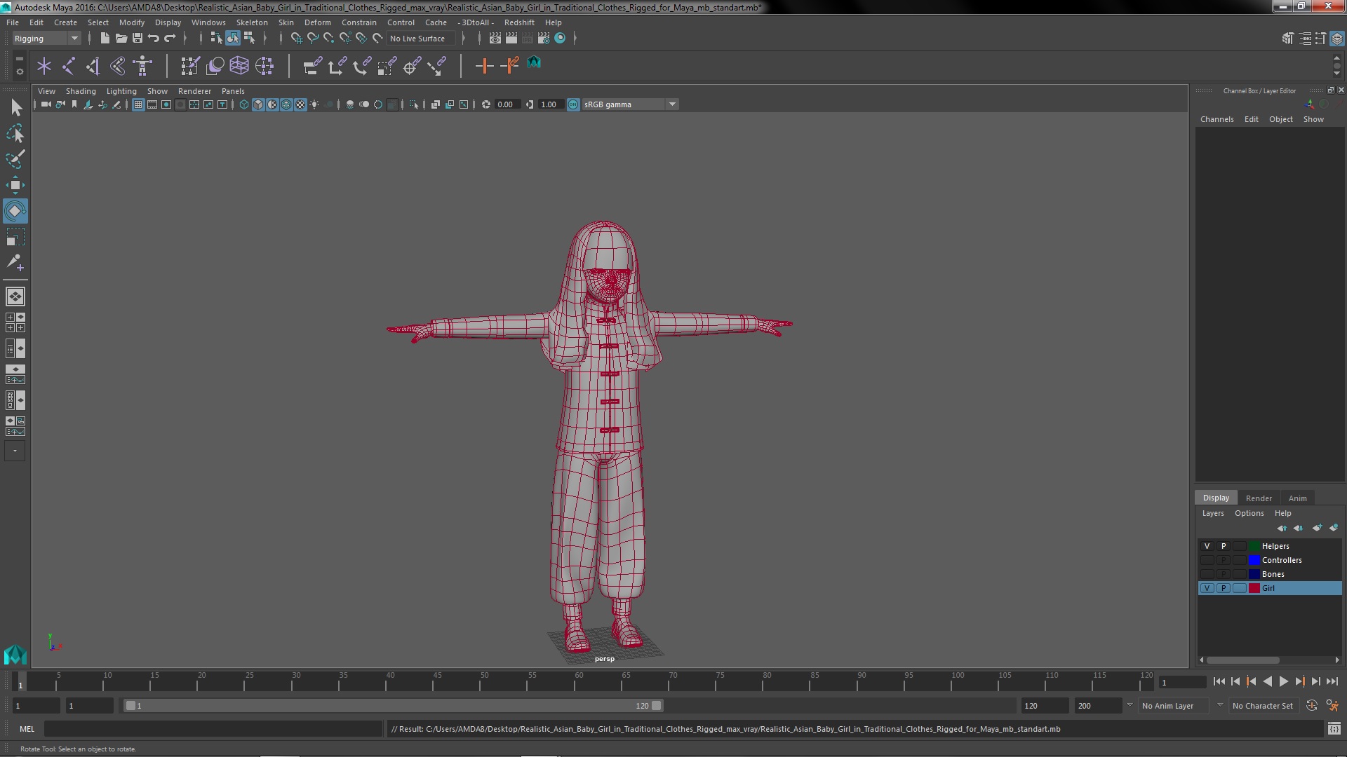 Realistic Asian Baby Girl in Traditional Clothes Rigged for Maya 3D model