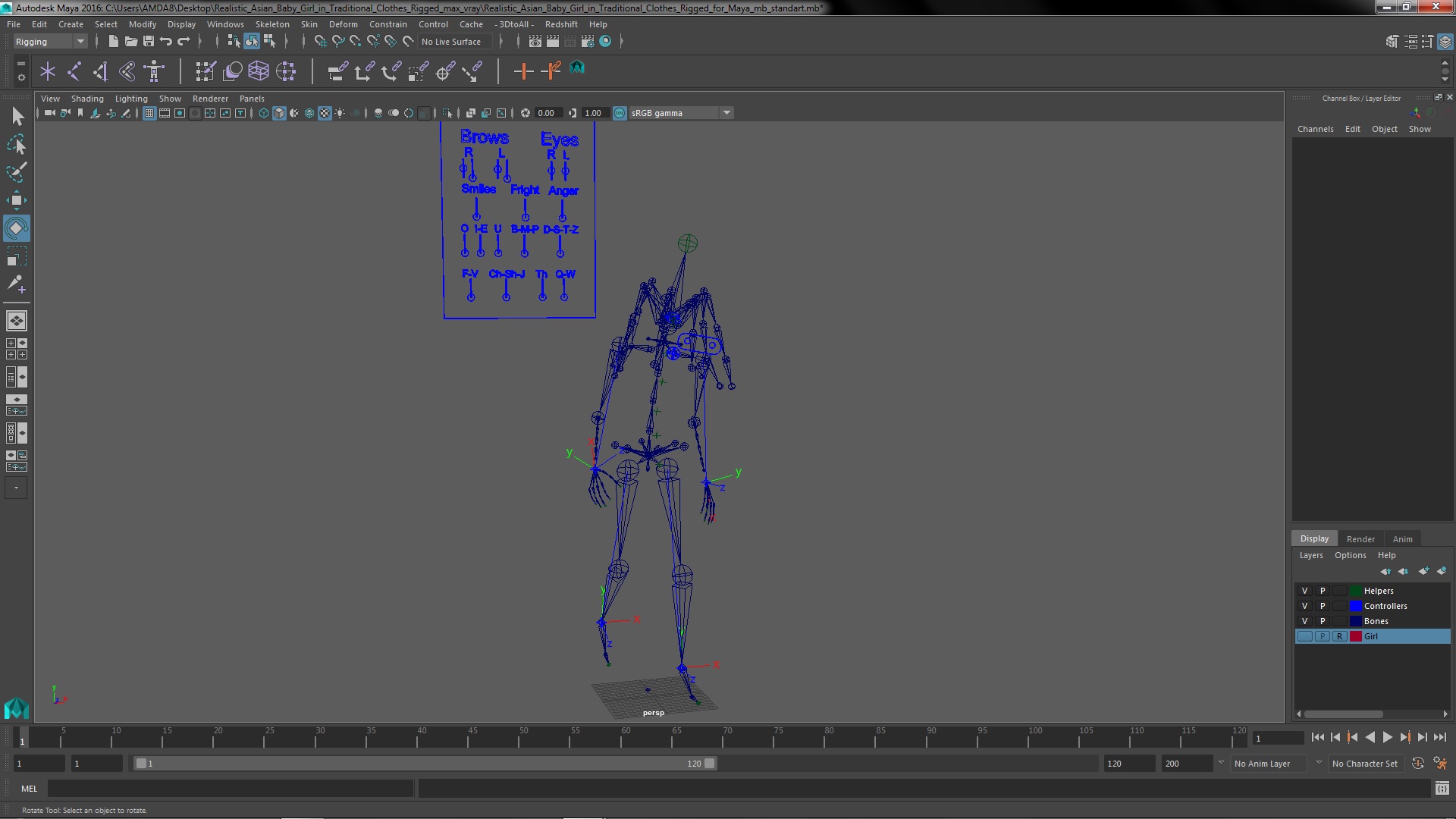 Realistic Asian Baby Girl in Traditional Clothes Rigged for Maya 3D model