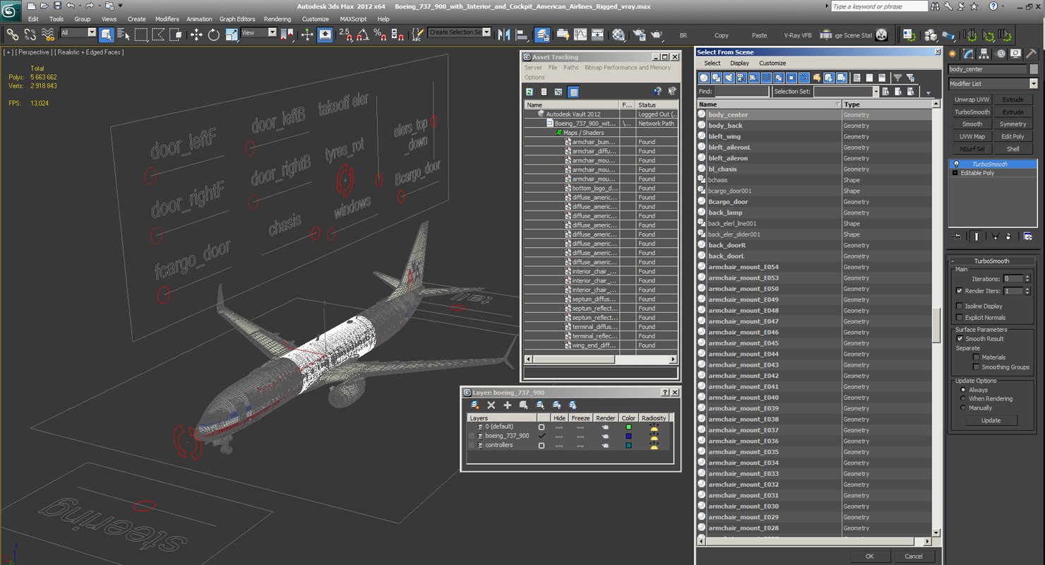 3D model Boeing 737 900 with Interior and Cockpit American Airlines Rigged