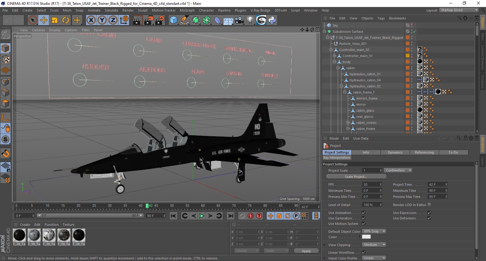T-38 Talon USAF Jet Trainer Black Rigged for Cinema 4D 3D model