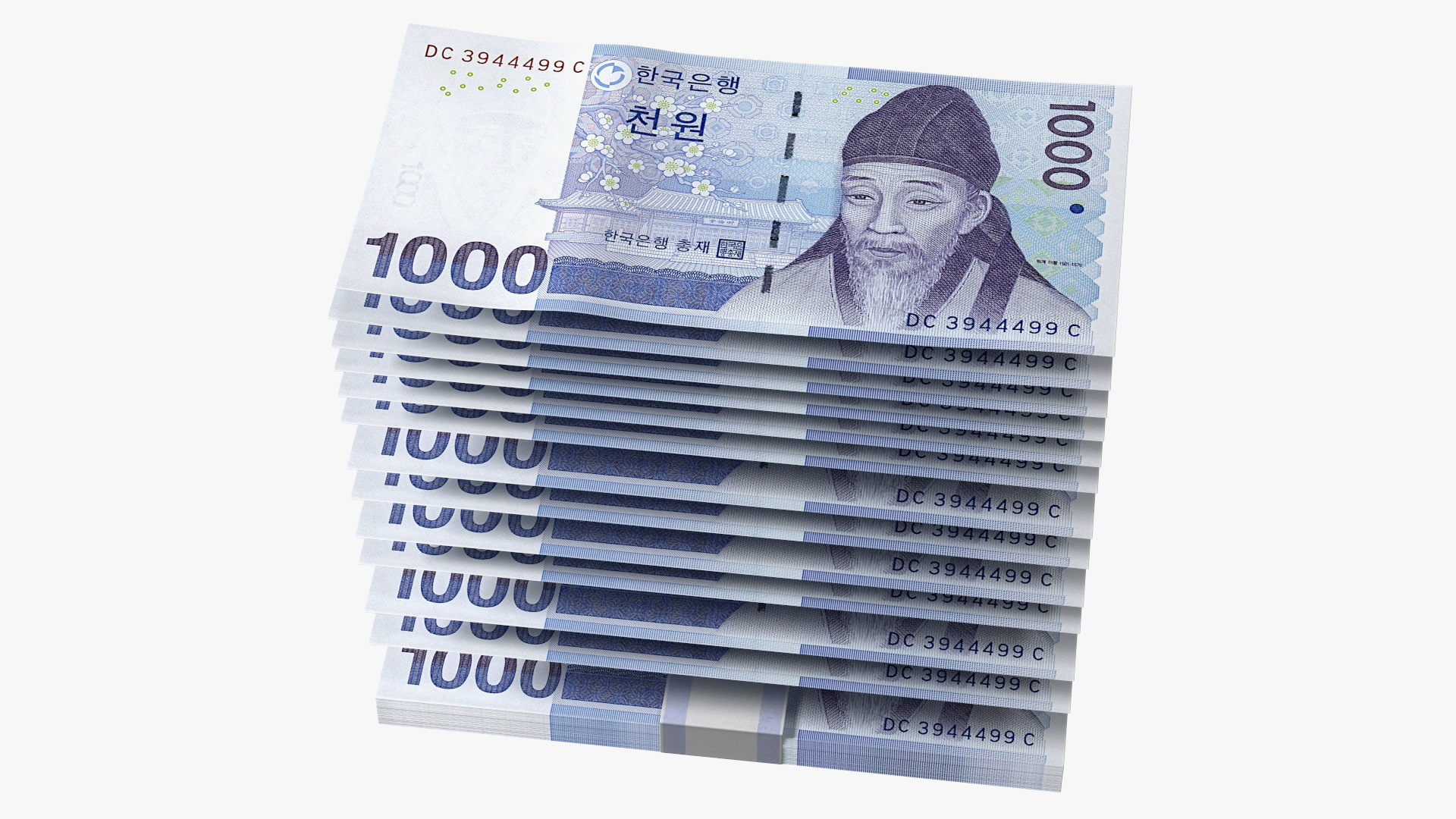 South Korean 1000 Won Banknote Bundle 3D