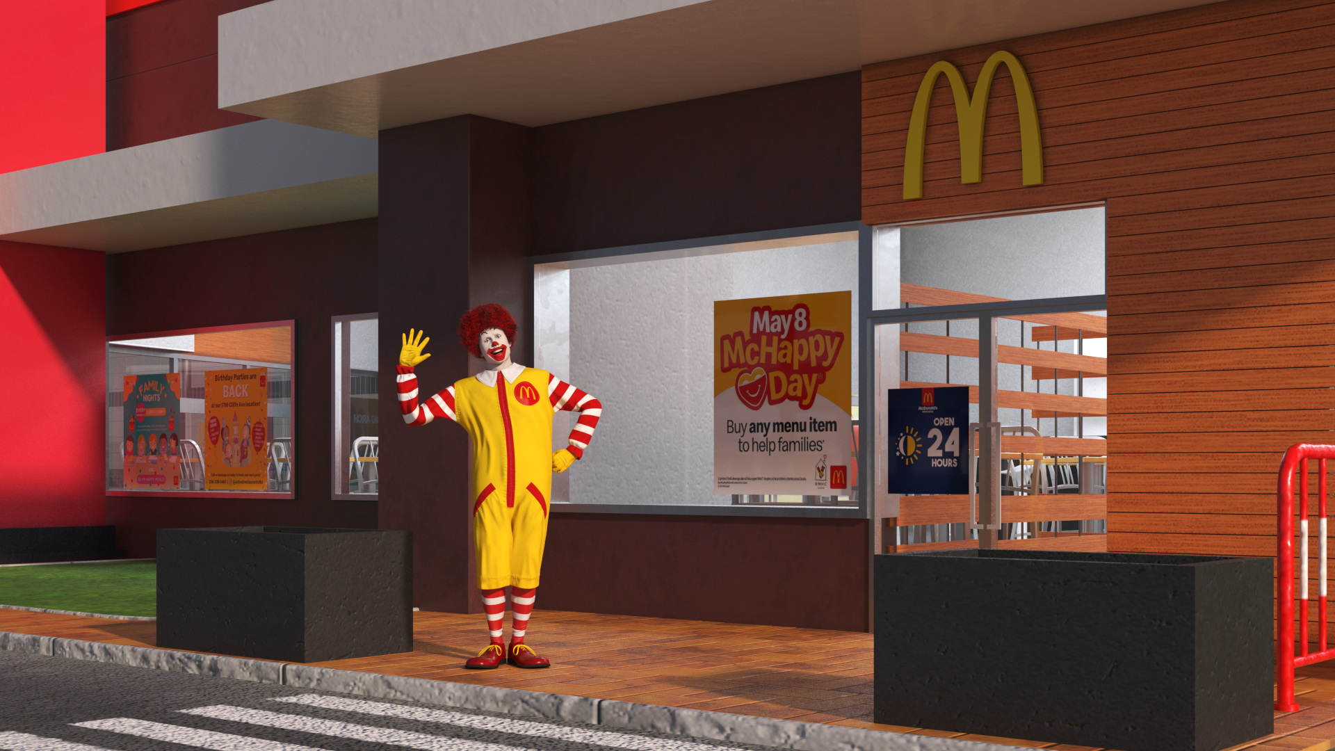 3D Ronald McDonald Clown Near Restaurant Fur