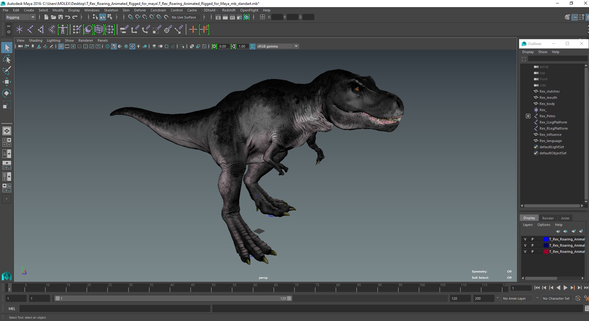 3D T Rex Roaring Animated Rigged for Maya model