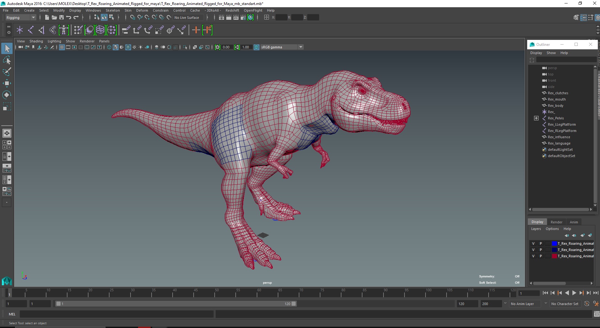 3D T Rex Roaring Animated Rigged for Maya model