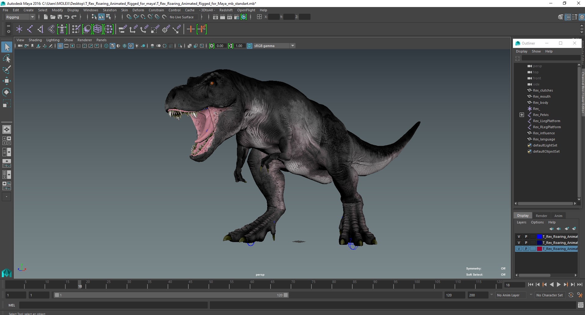 3D T Rex Roaring Animated Rigged for Maya model