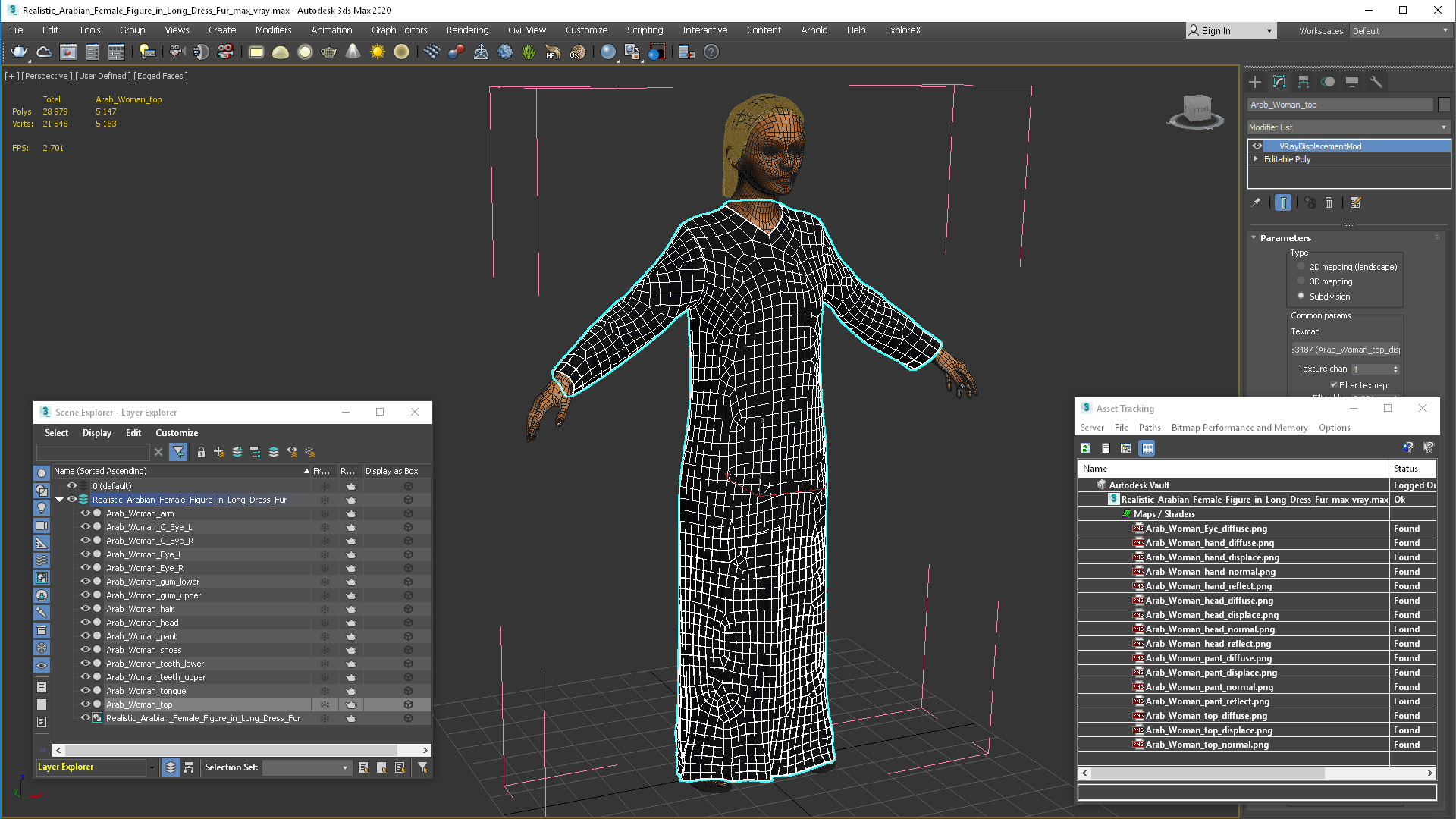 Realistic Arabian Female Figure in Long Dress Fur 3D model