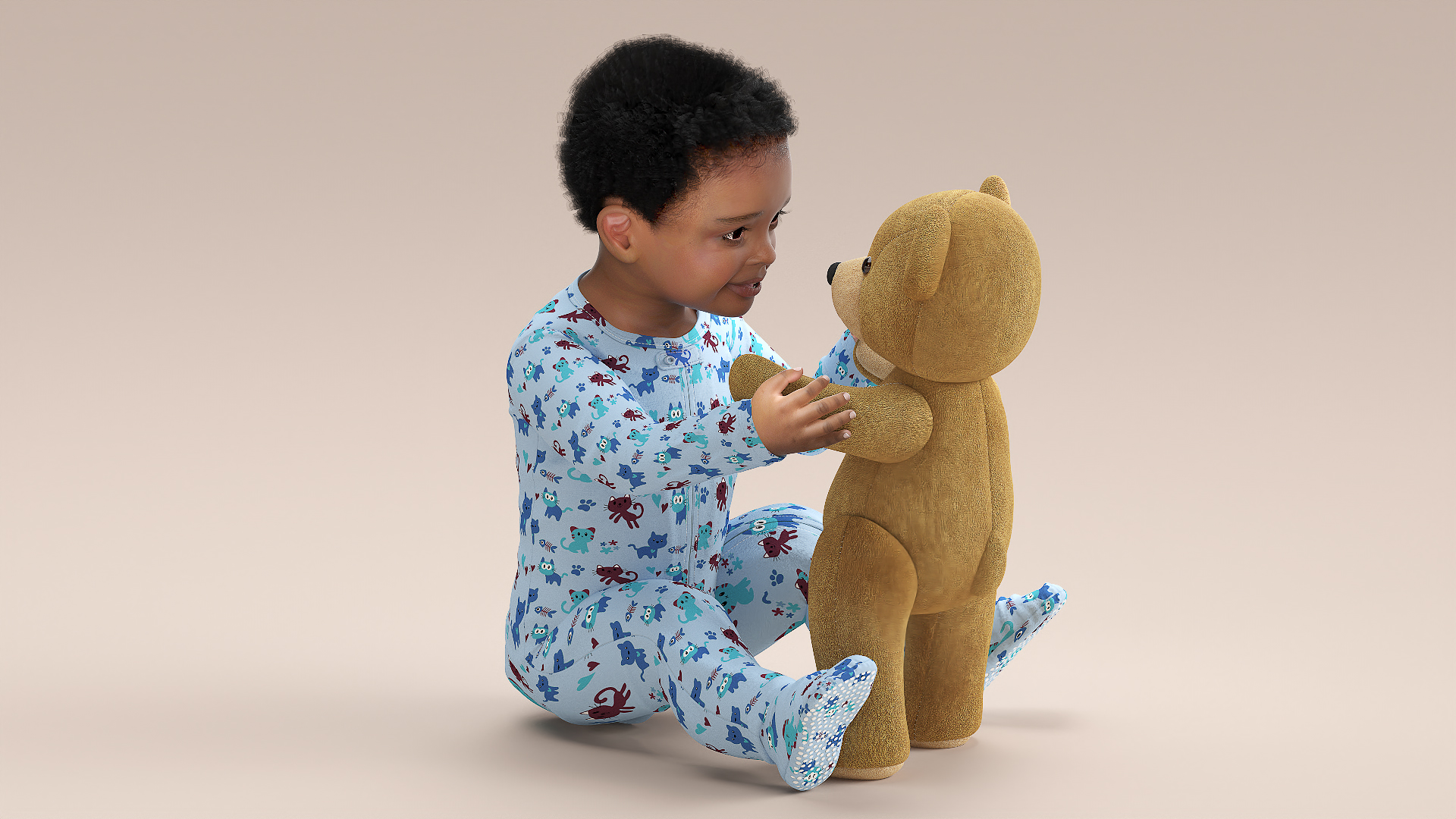Dark Skinned Baby Boy with Teddy Bear 3D