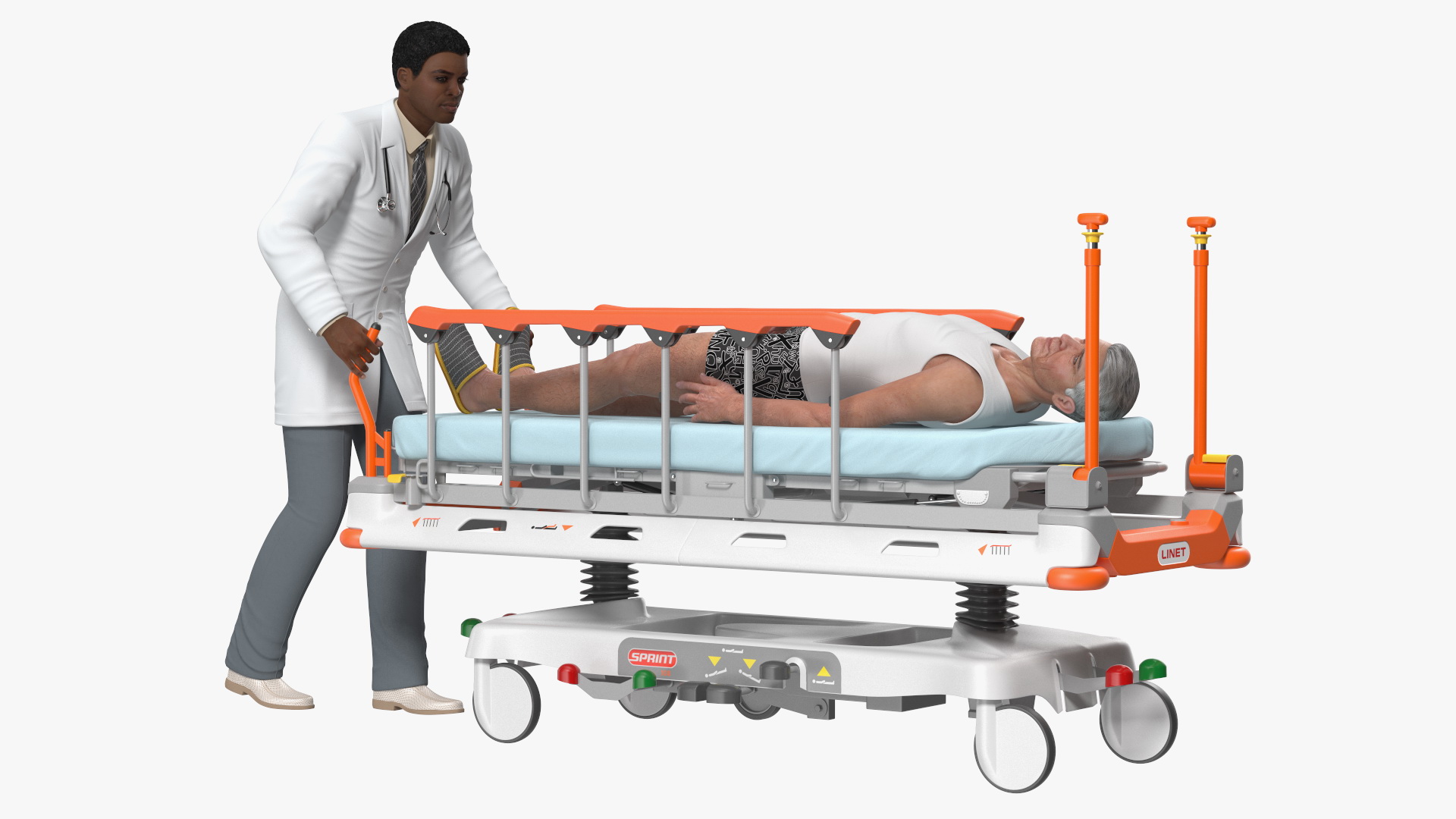 3D Linet Sprint 100 Transport Bed with Doctor and Patient Rigged