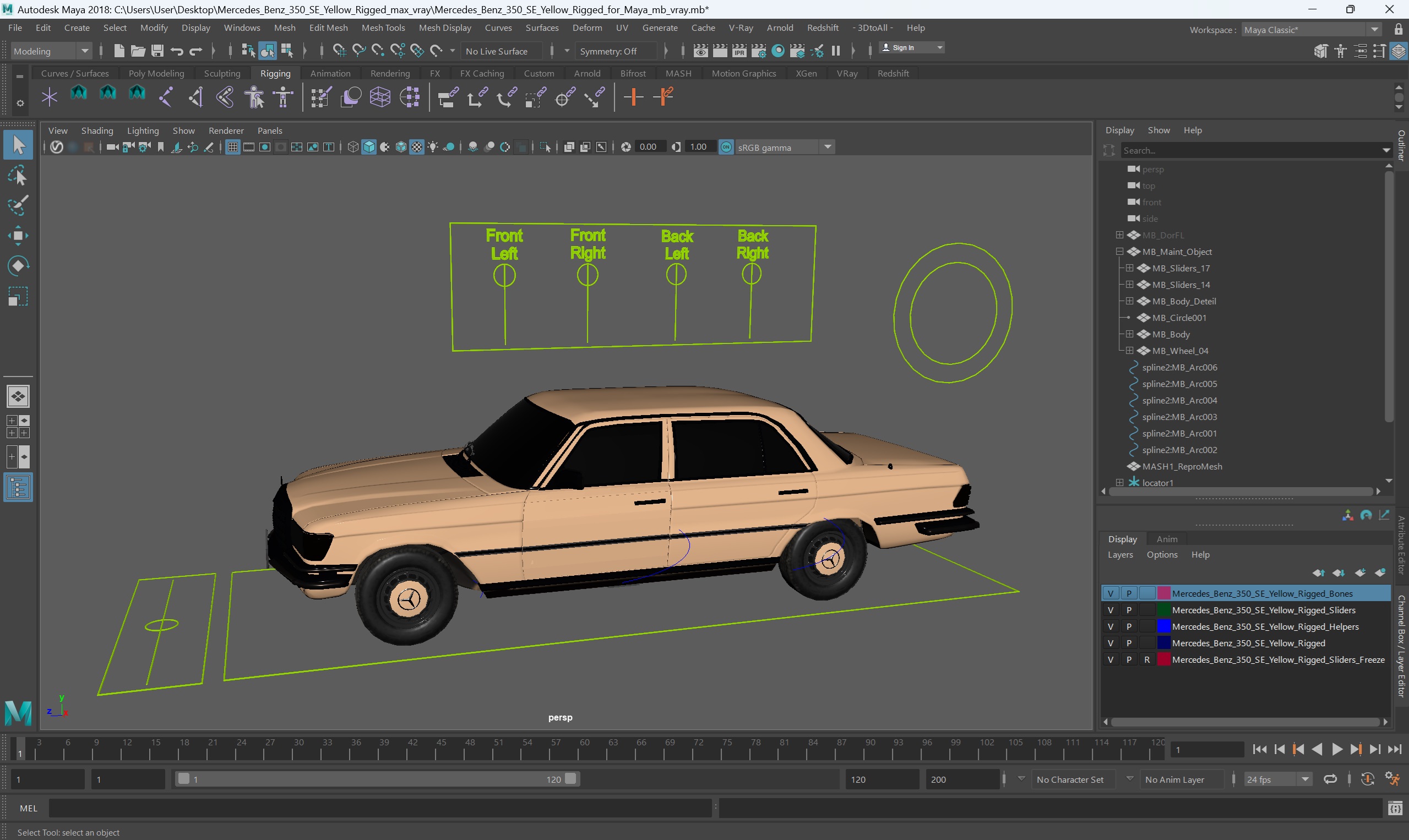 3D Mercedes Benz 350 SE Yellow Rigged for Maya model
