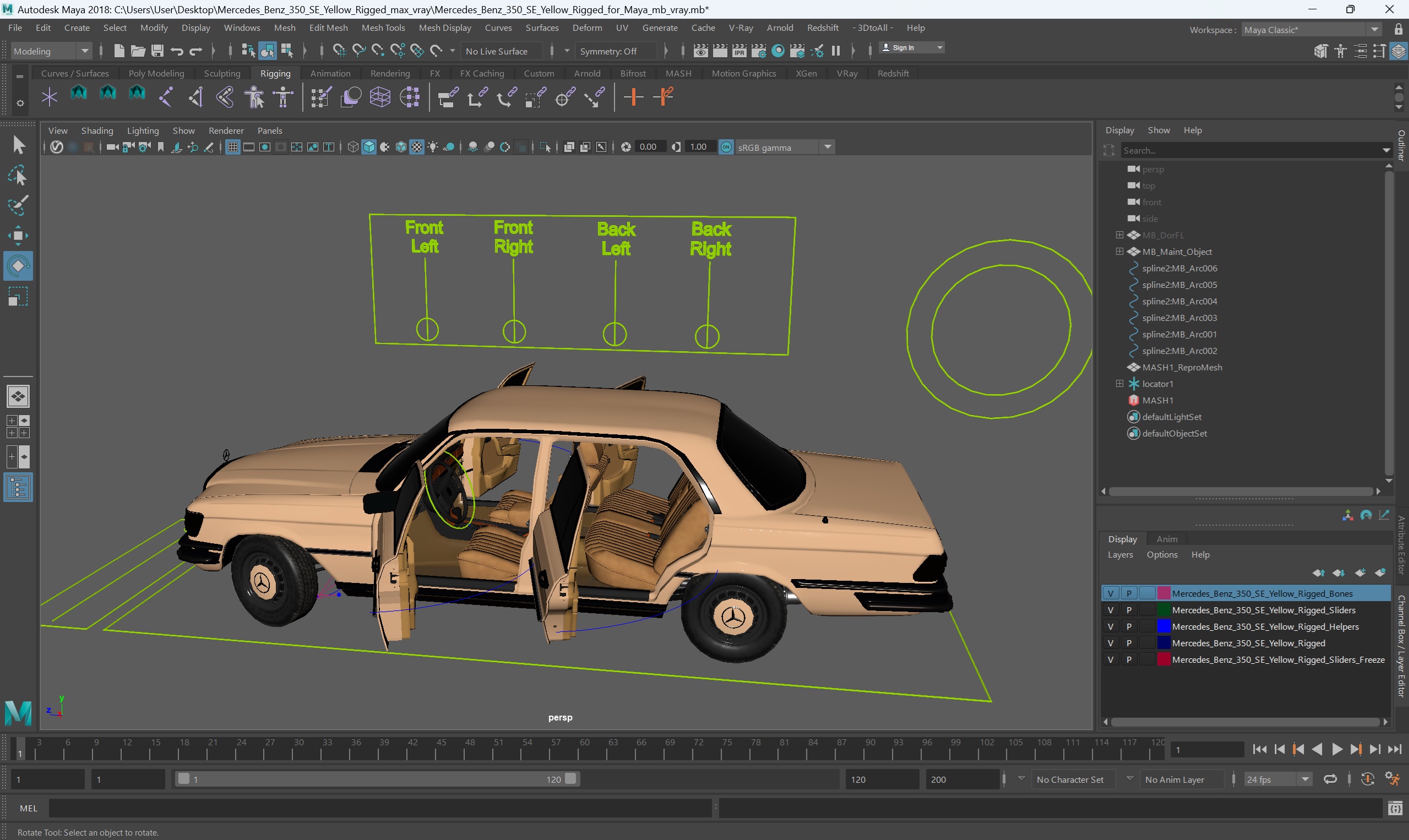 3D Mercedes Benz 350 SE Yellow Rigged for Maya model