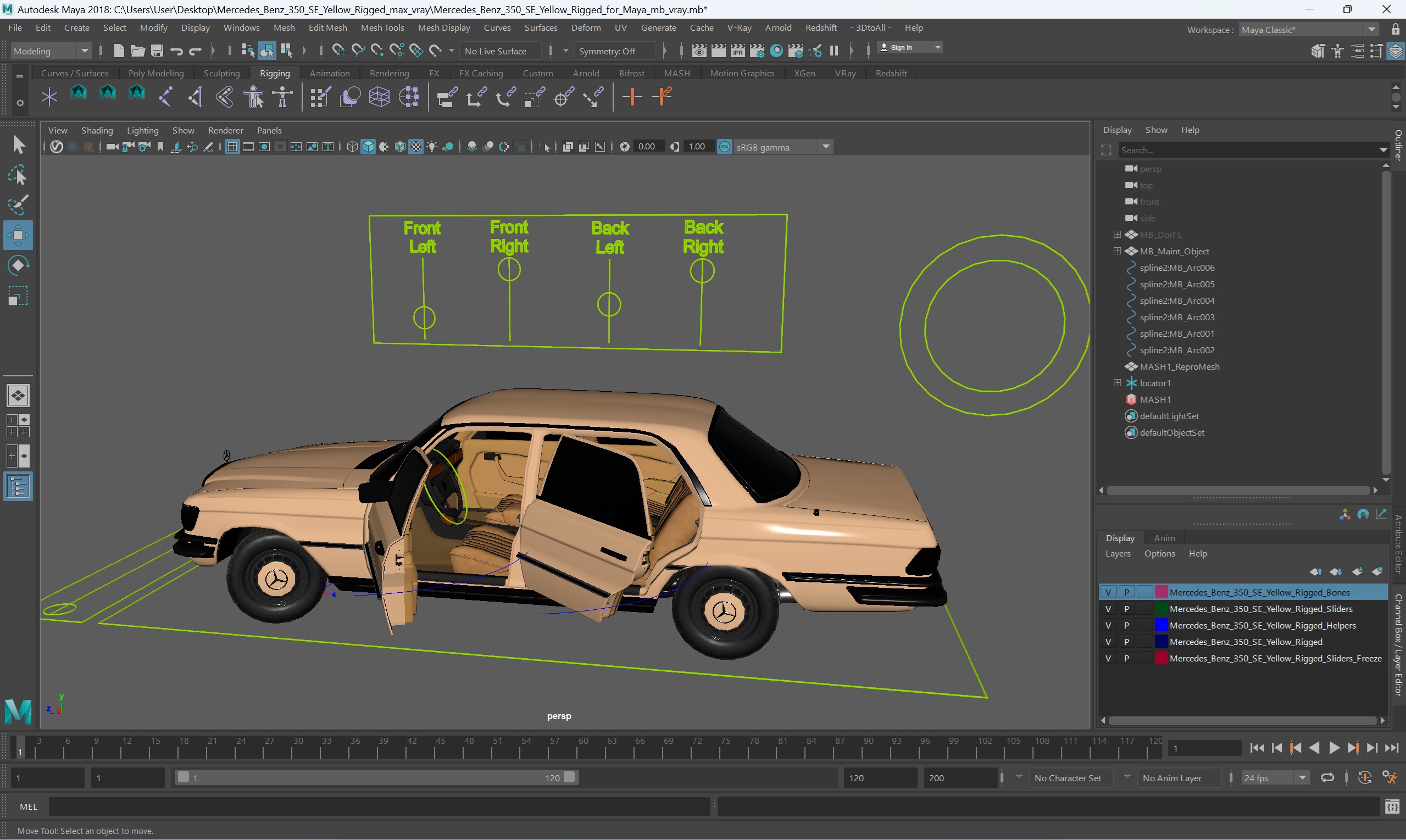 3D Mercedes Benz 350 SE Yellow Rigged for Maya model