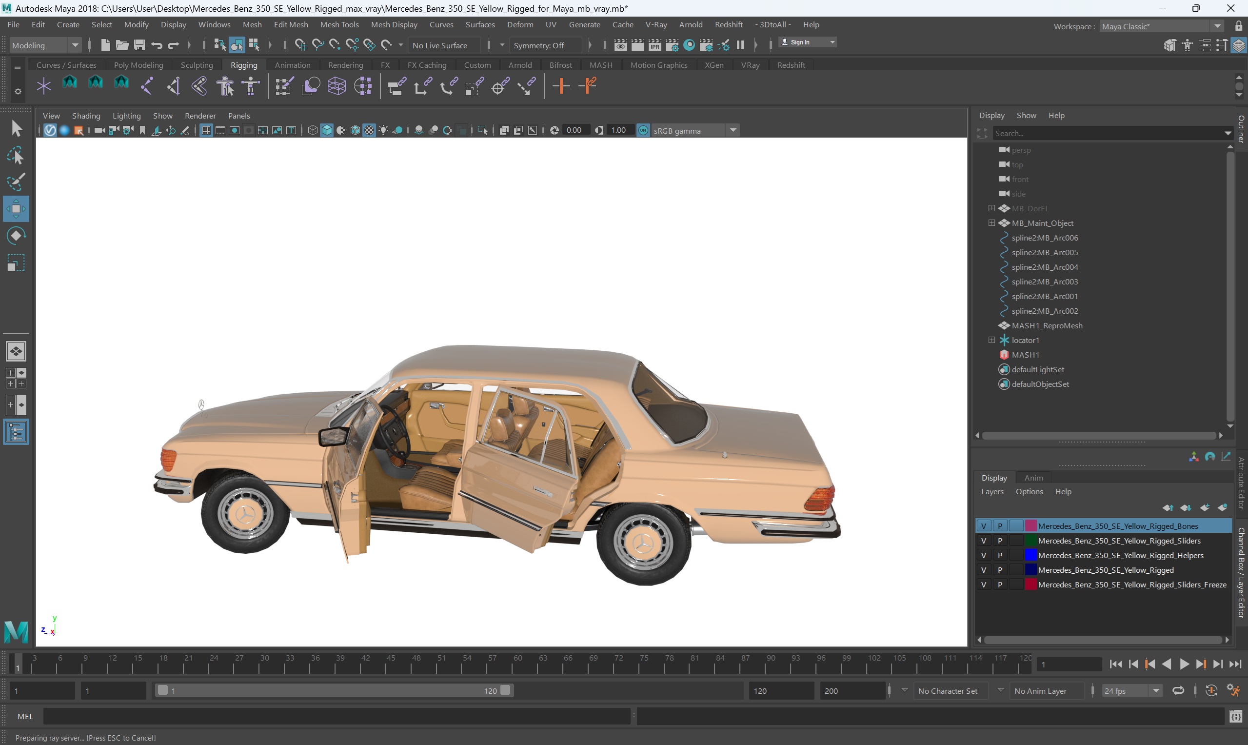 3D Mercedes Benz 350 SE Yellow Rigged for Maya model