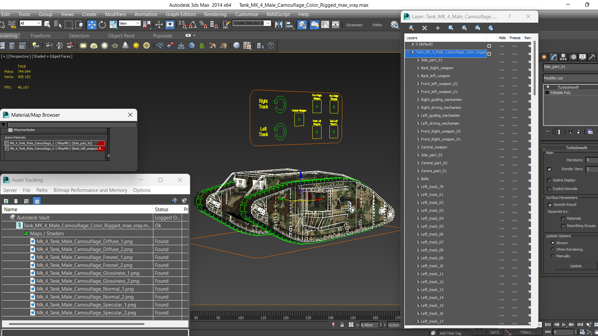 Tank MK 4 Male Camouflage Color Rigged for Maya 3D