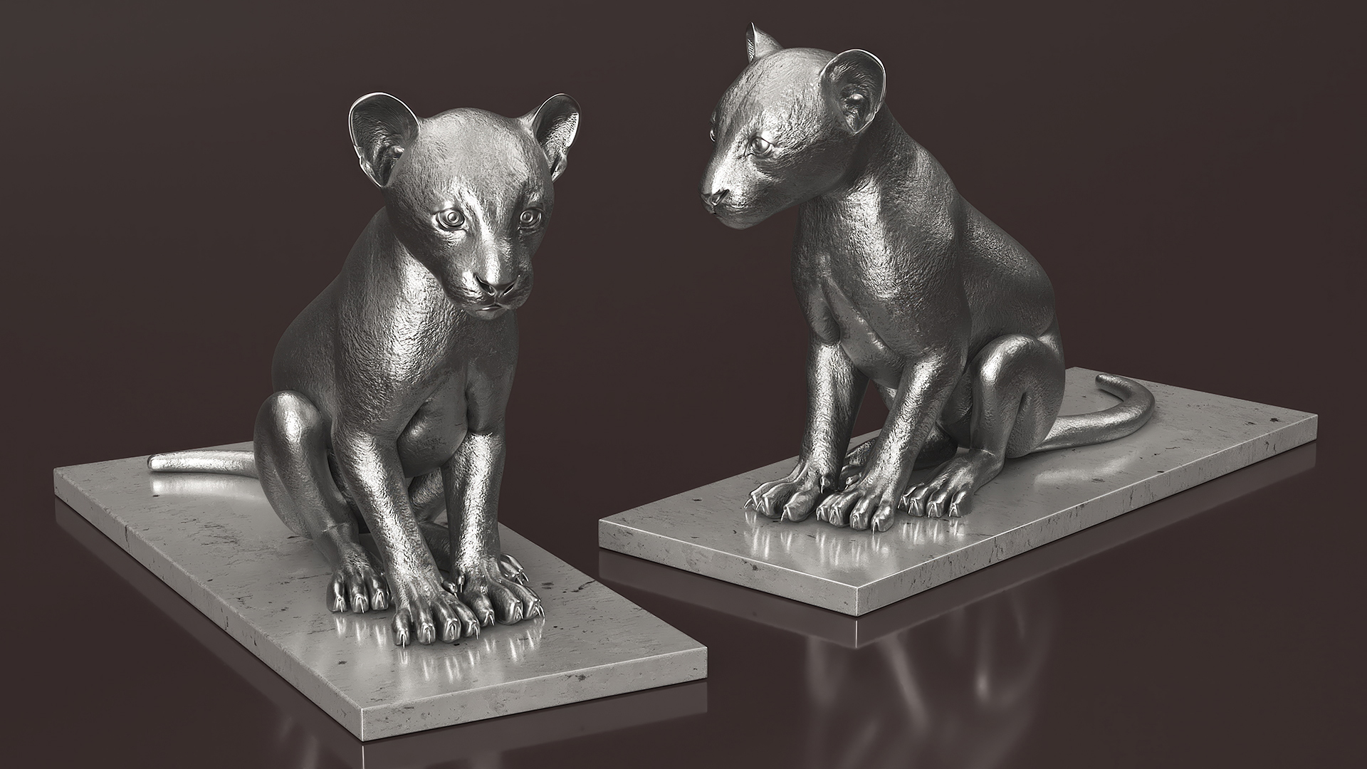3D Silver Statue of Panther on Stand model