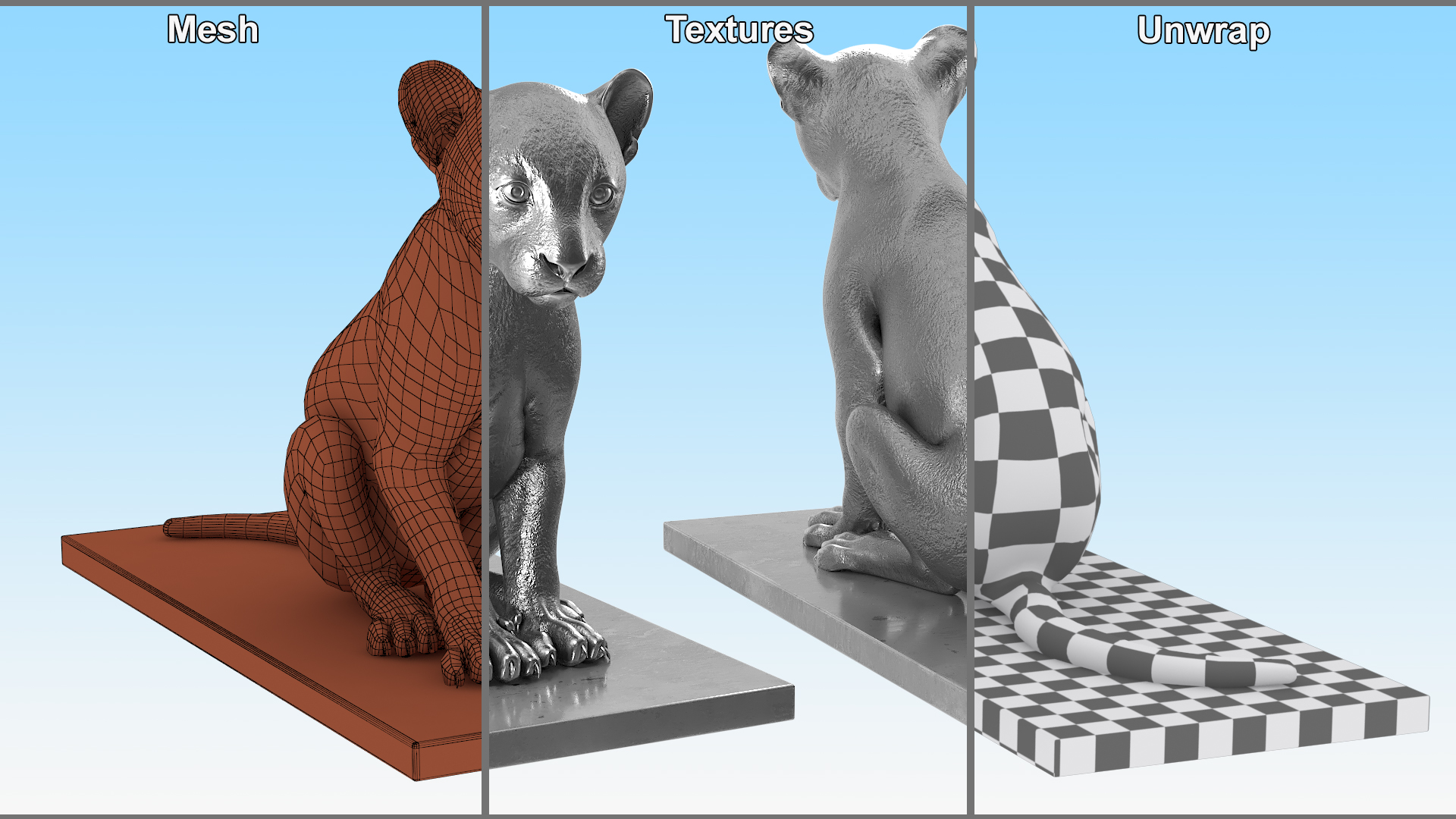 3D Silver Statue of Panther on Stand model