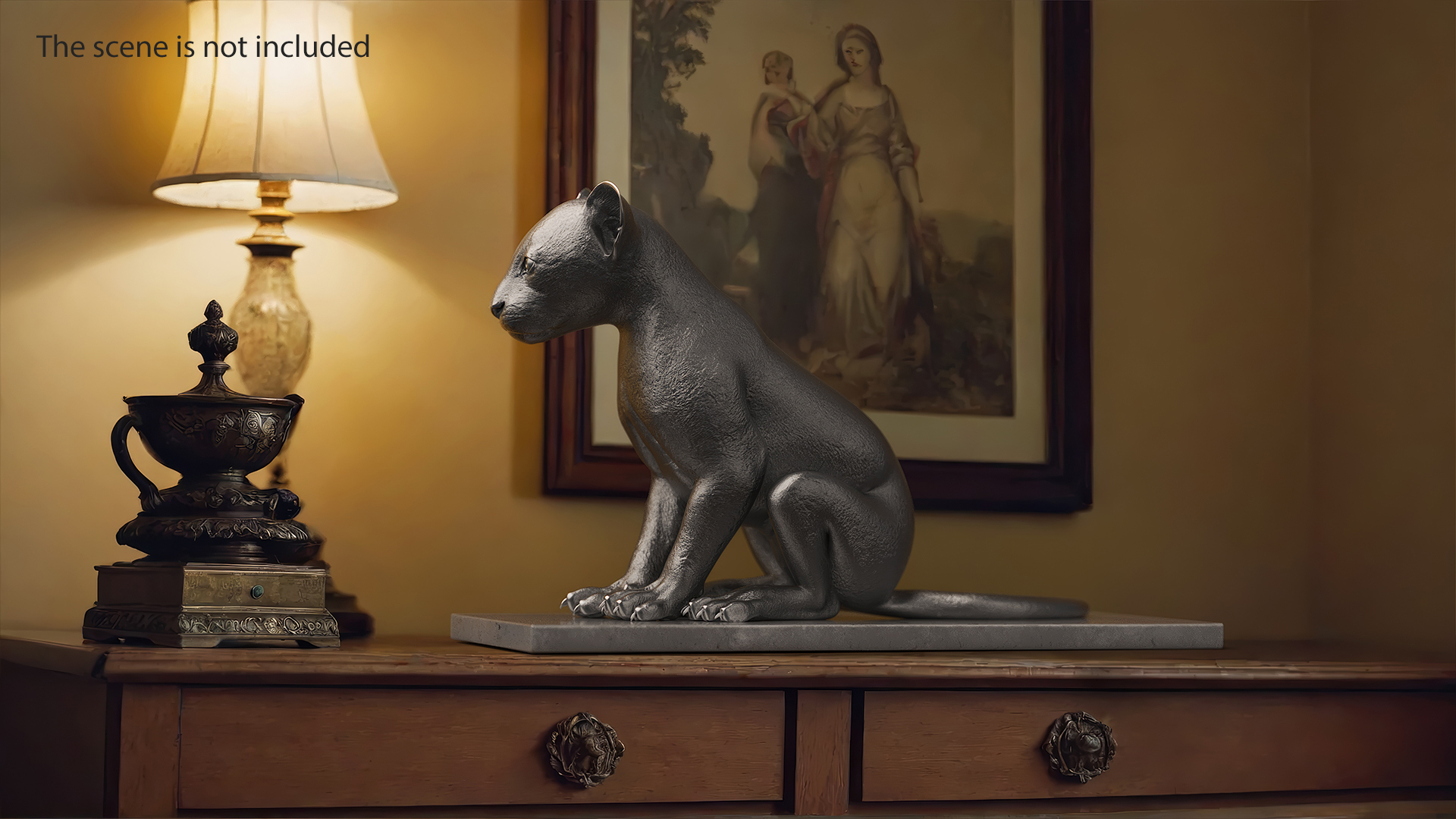 3D Silver Statue of Panther on Stand model