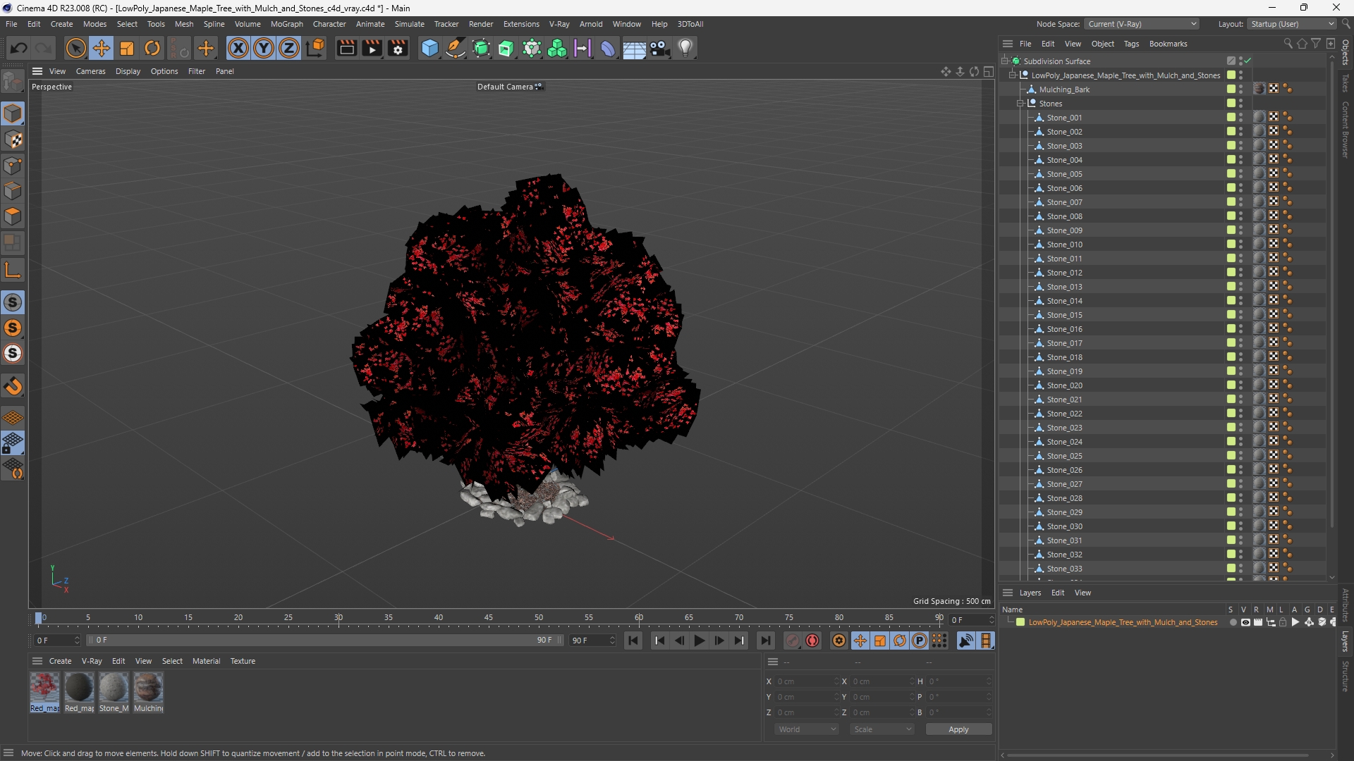 LowPoly Japanese Maple Tree with Mulch and Stones - view 12