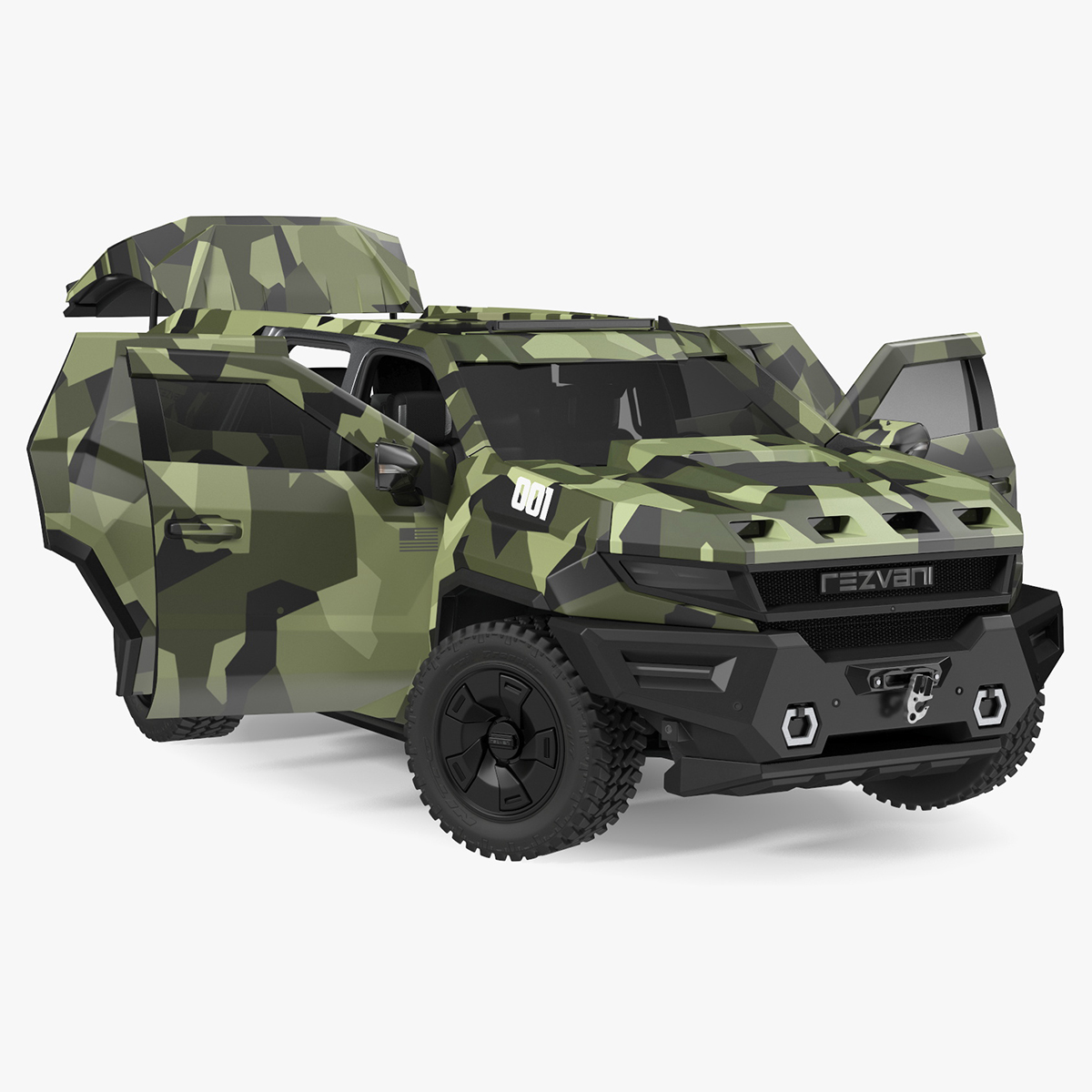 3D 2023 Rezvani Vengeance Armored SUV Camouflage Colored Lights Off Rigged