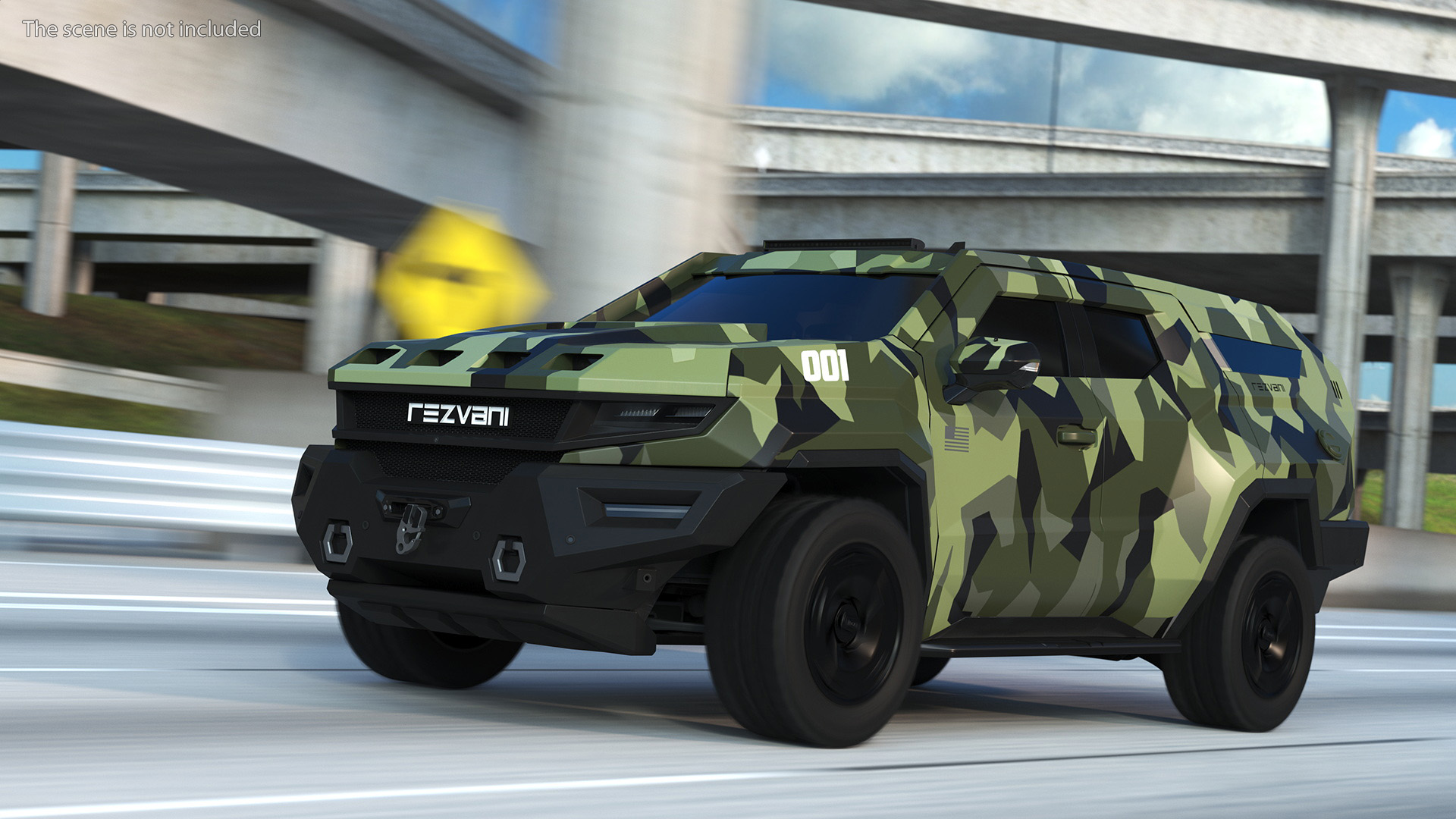 3D 2023 Rezvani Vengeance Armored SUV Camouflage Colored Lights Off Rigged