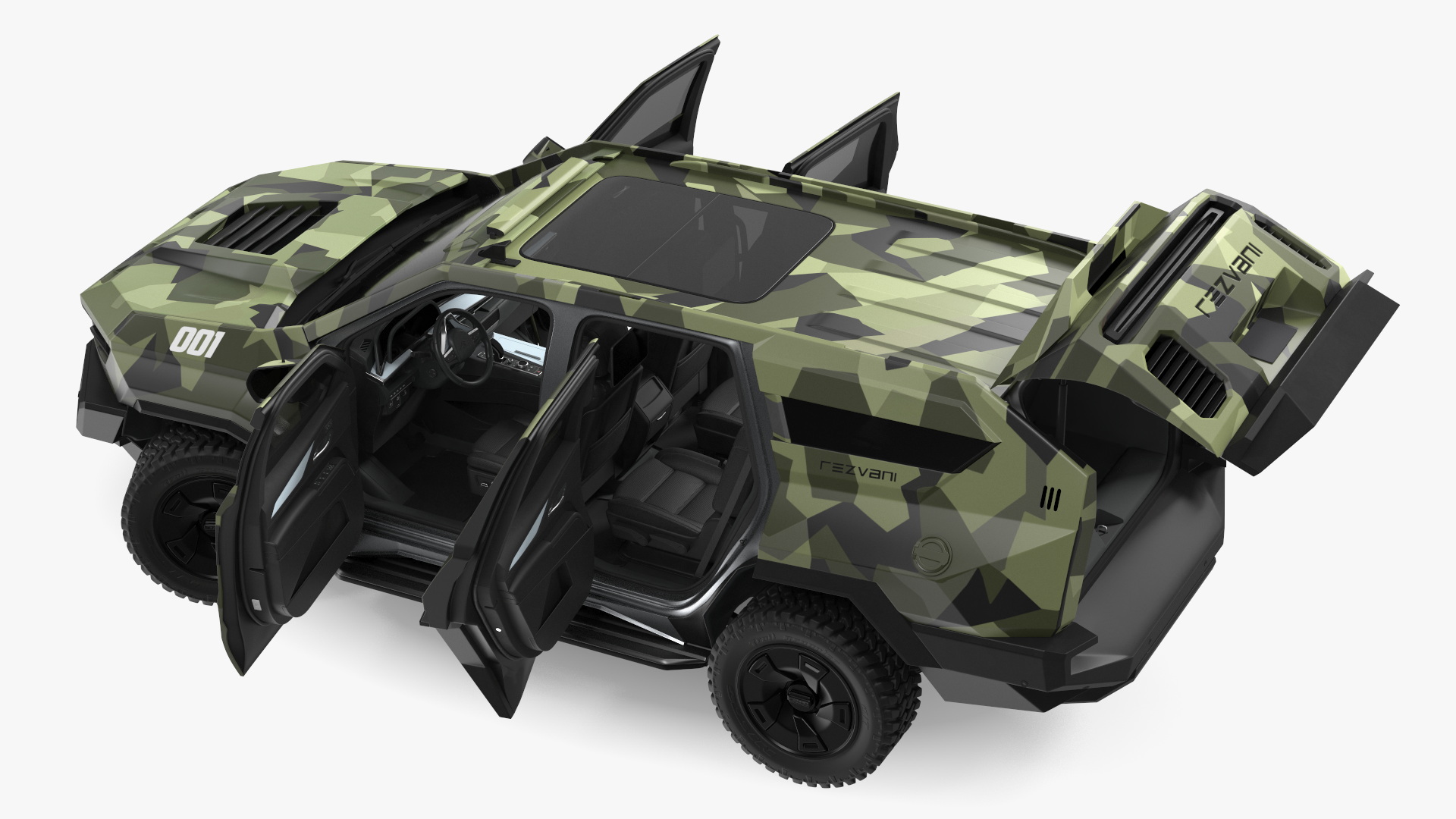 3D 2023 Rezvani Vengeance Armored SUV Camouflage Colored Lights Off Rigged