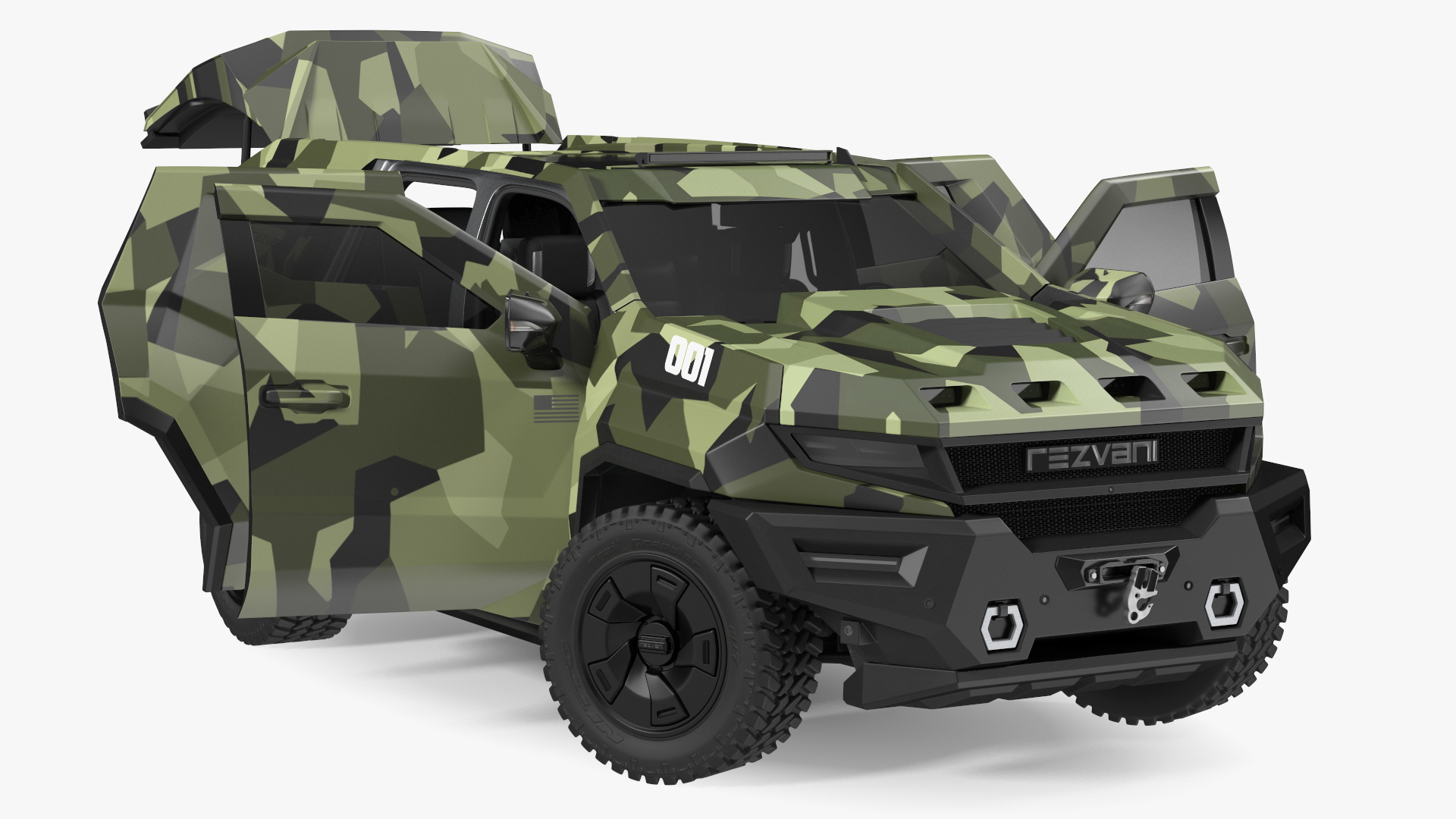 3D 2023 Rezvani Vengeance Armored SUV Camouflage Colored Lights Off Rigged