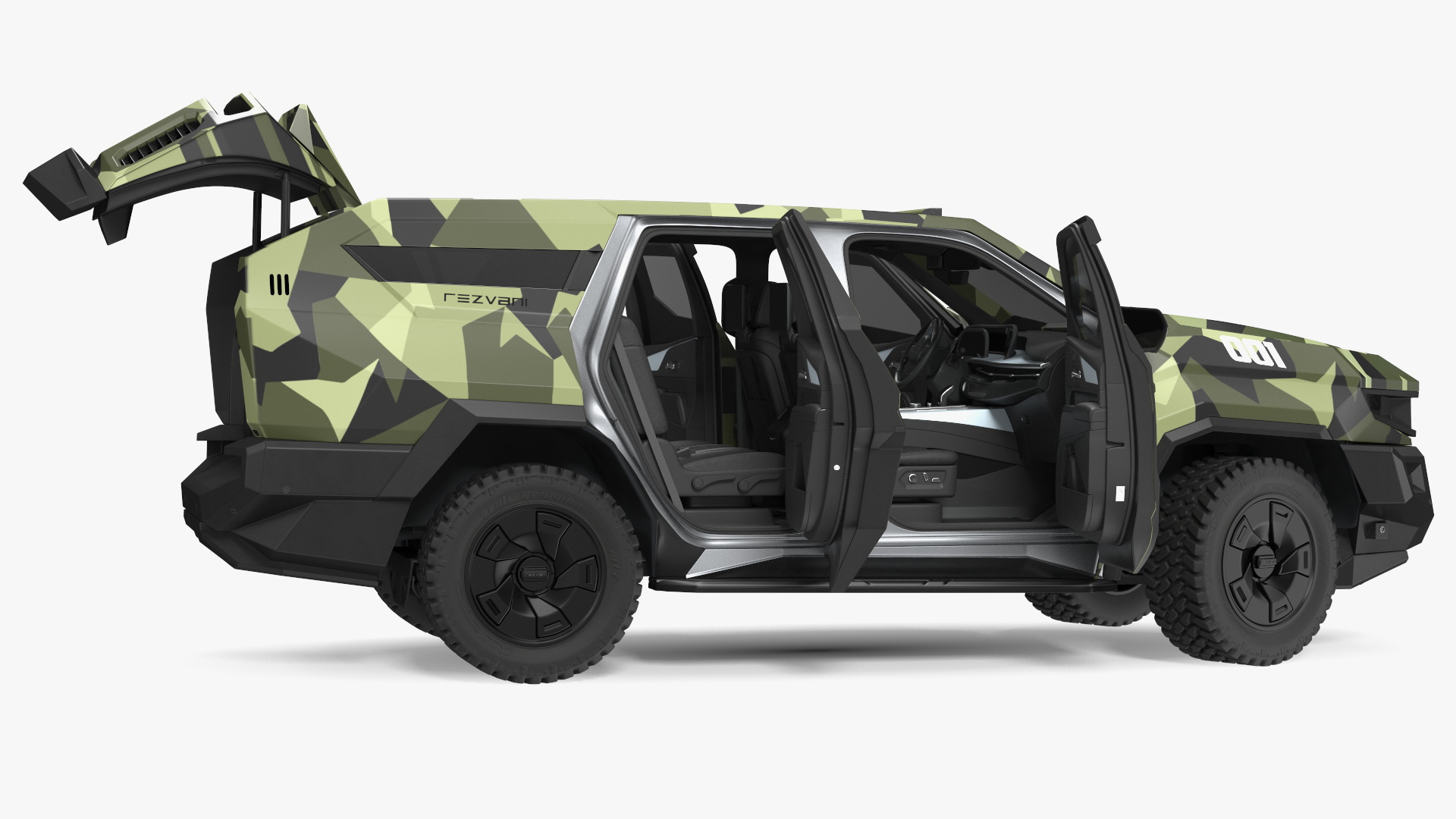 3D 2023 Rezvani Vengeance Armored SUV Camouflage Colored Lights Off Rigged